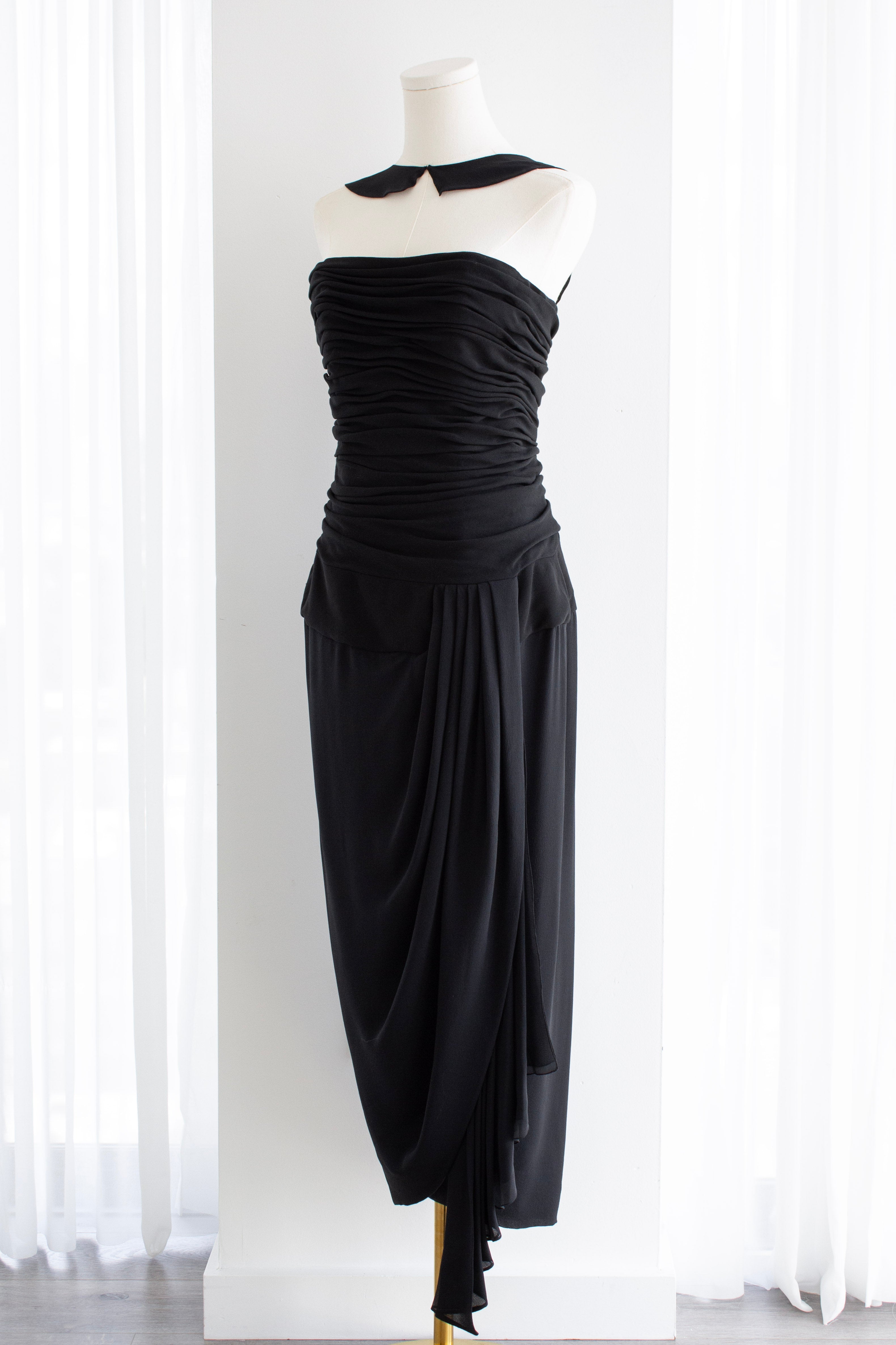 Chanel S/S 1990 Vintage Black Pleated Grecian Collar Gown