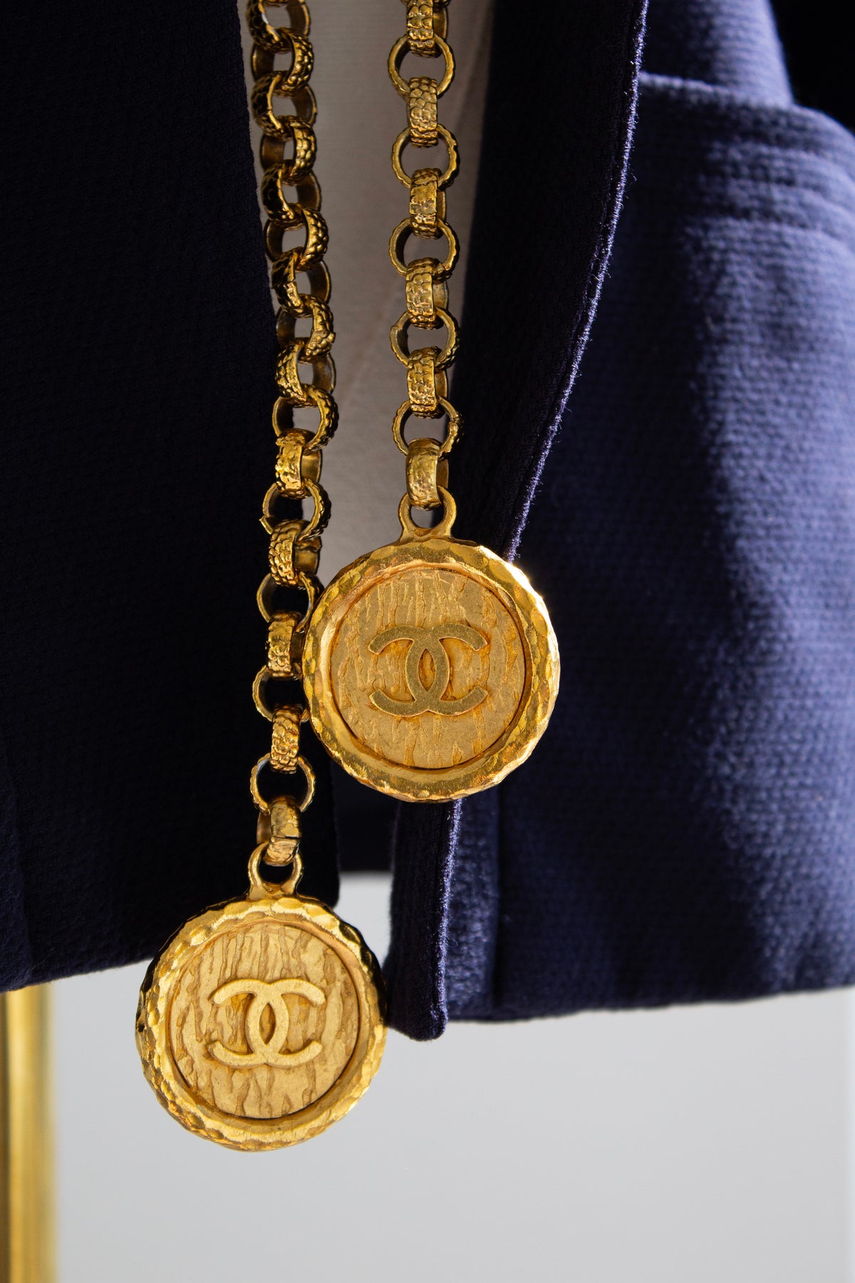 Chanel S/S 1993 Navy Blue Cotton Gold Chain 93P CC Medallion Jacket