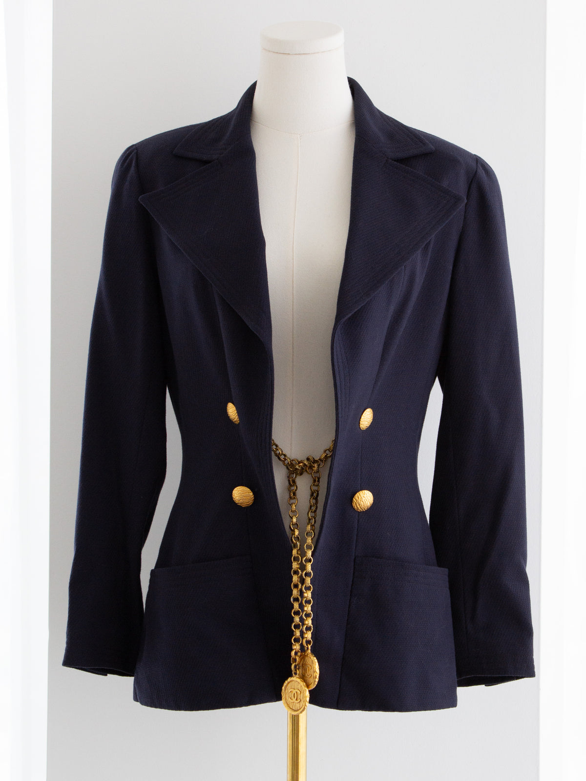 Chanel S/S 1993 Navy Blue Cotton Gold Chain 93P CC Medallion Jacket