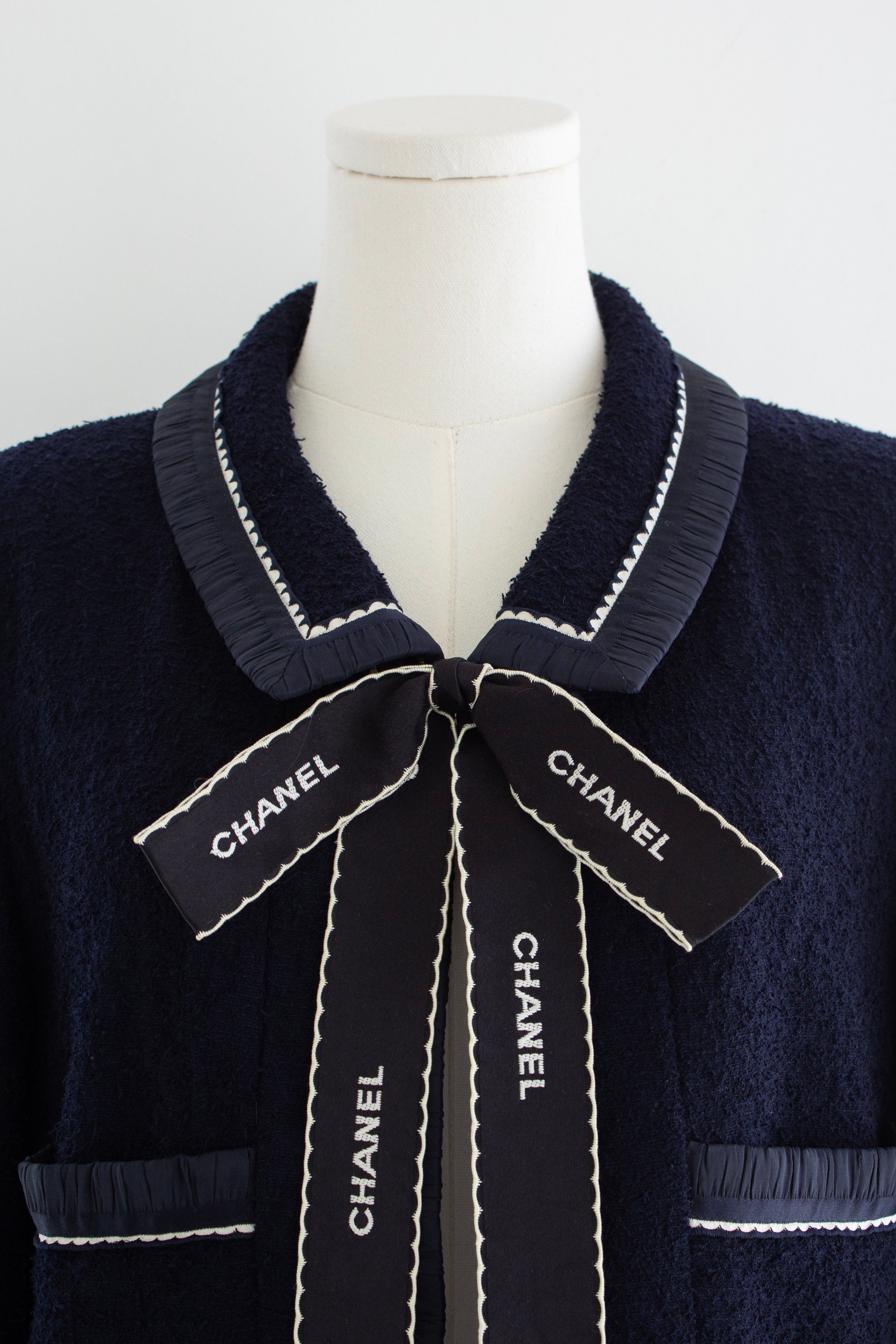 Chanel Vintage S/S1994 Navy Blue Logo Bow 94P Jacket Skirt Suit