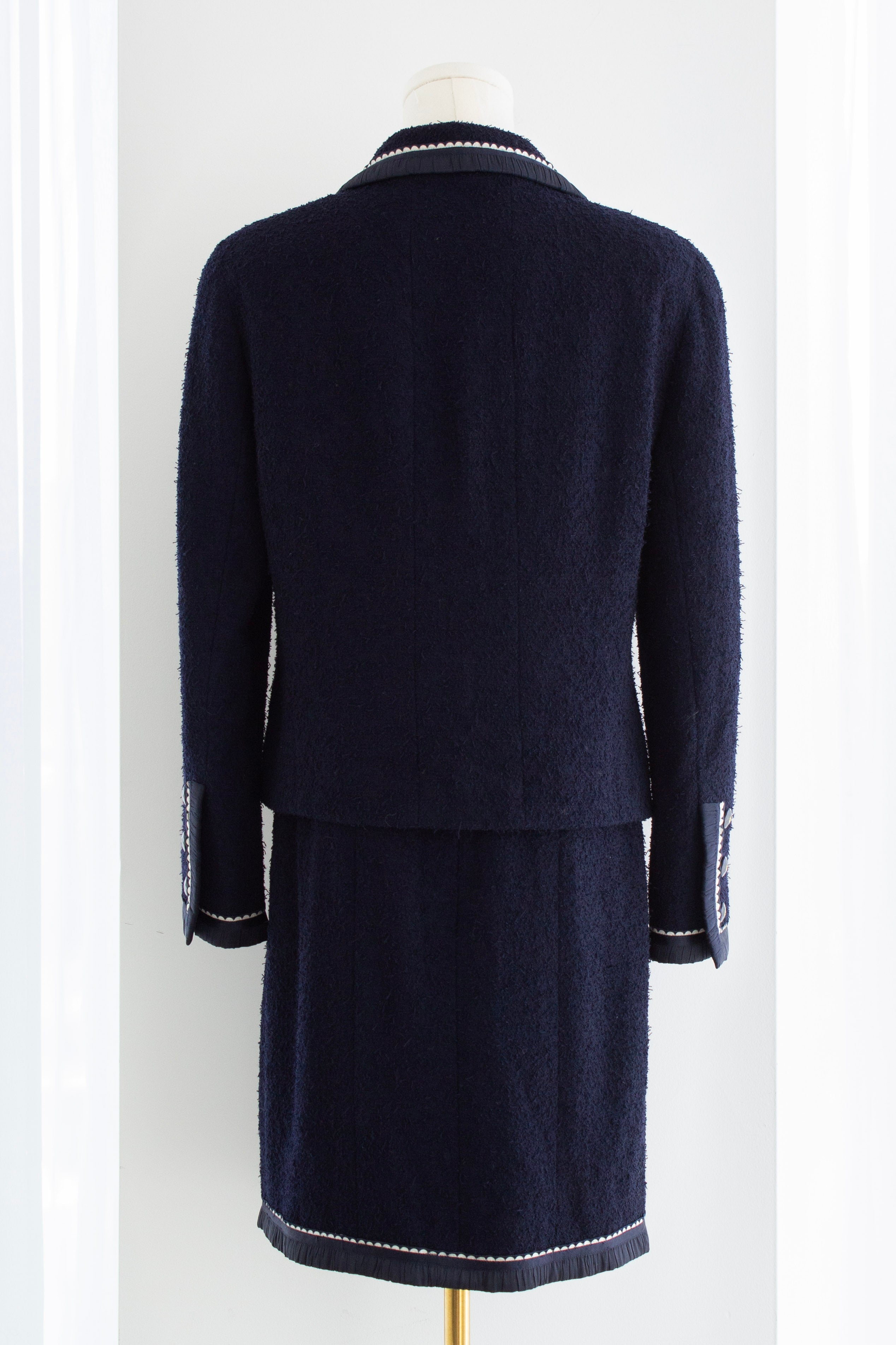Chanel Vintage S/S1994 Navy Blue Logo Bow 94P Jacket Skirt Suit
