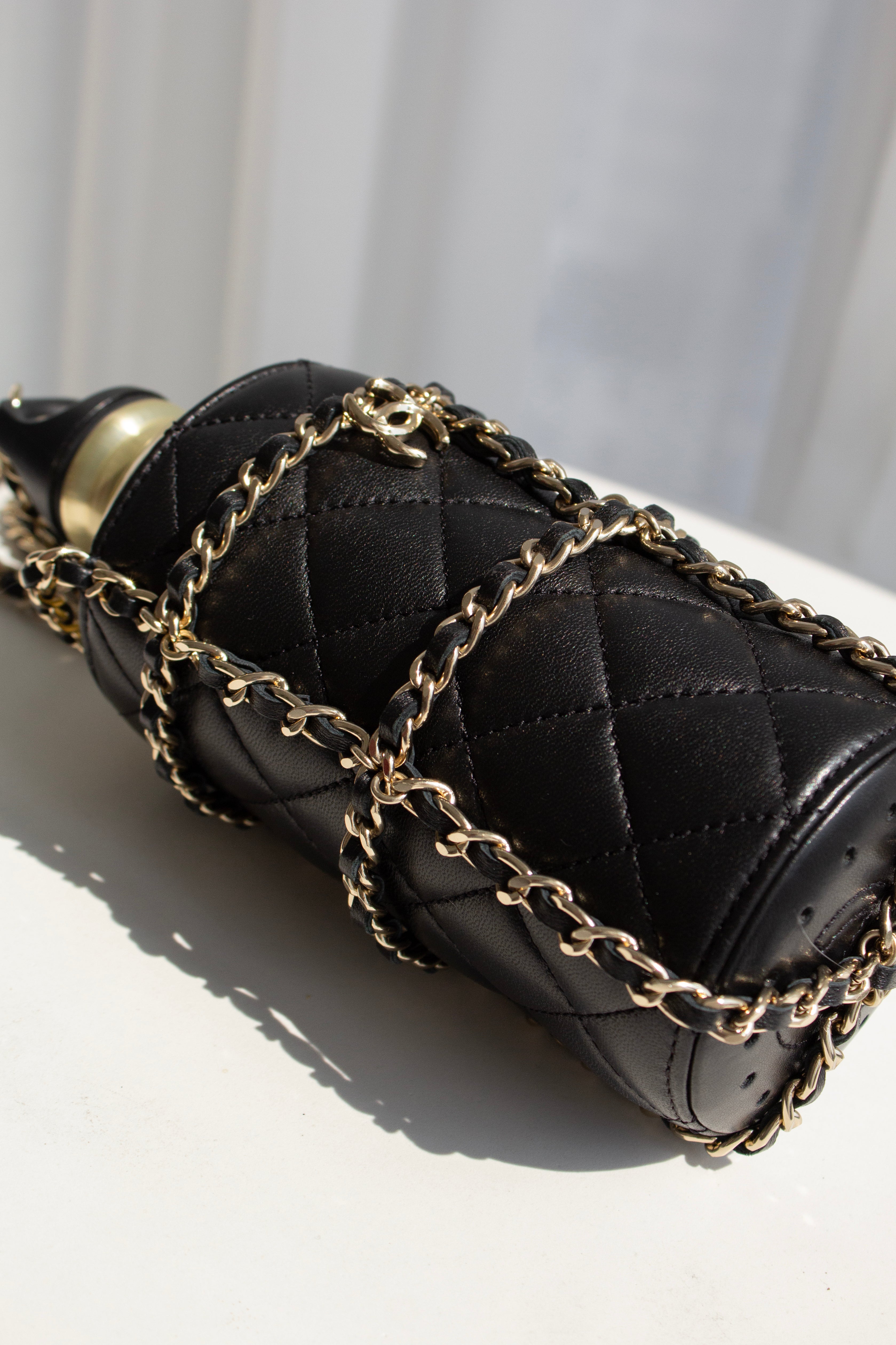 Chanel Cruise 2020 CC To Drink Black Gold Leather Water Bottle Holder