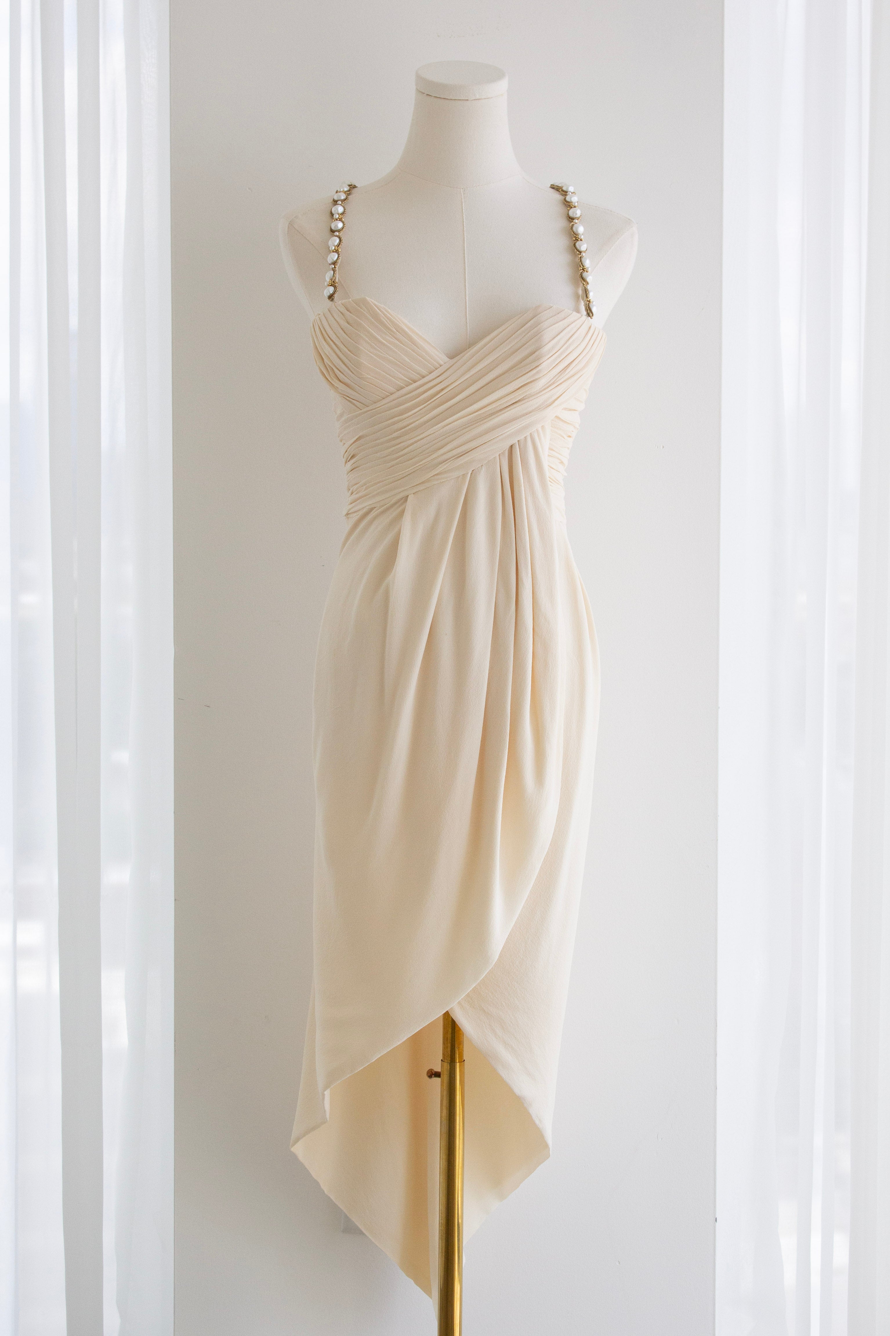 Chanel S/S 1990 Vintage Bridal Pearl Embellished Pleated Ivory Dress Gown