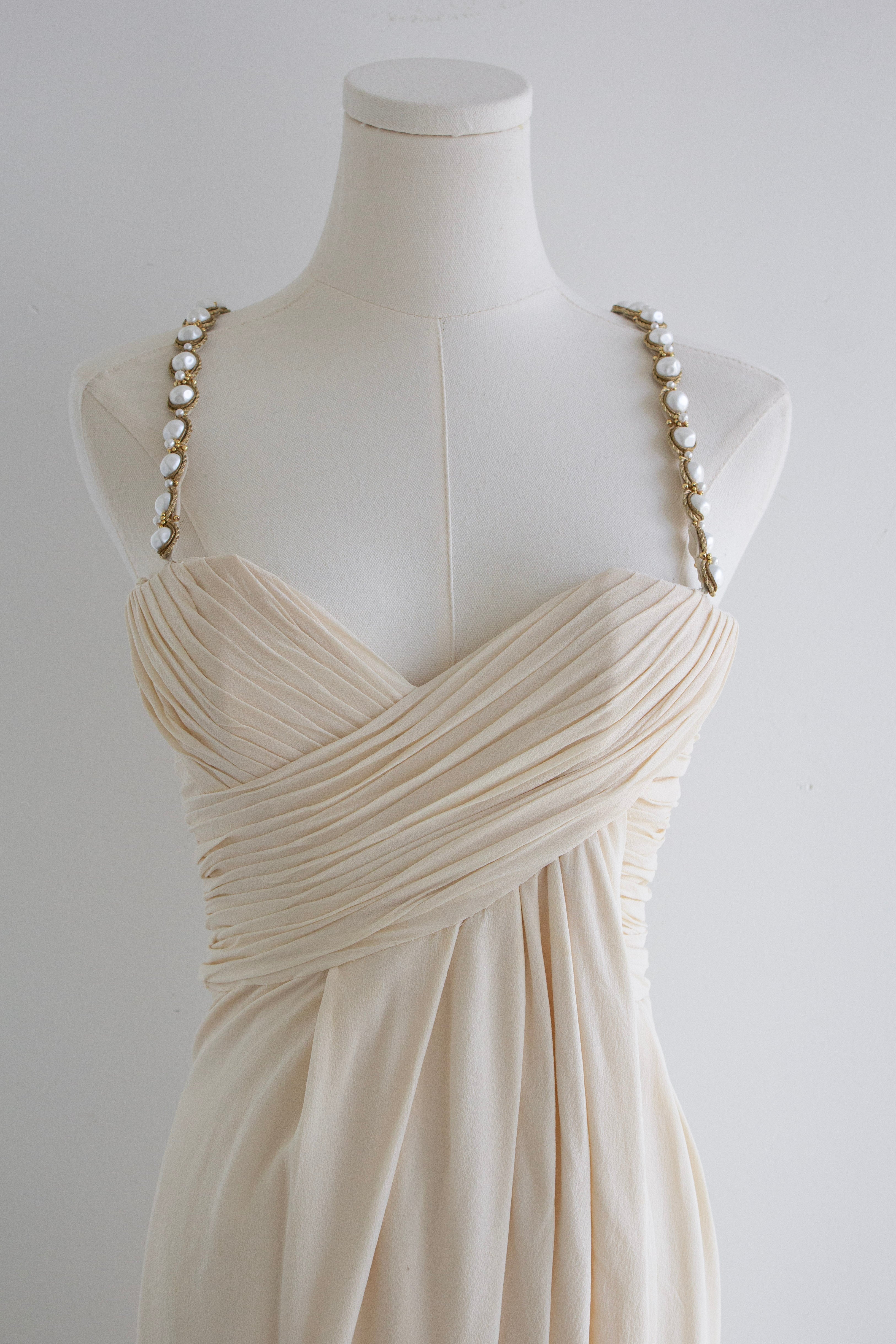 Chanel S/S 1990 Vintage Bridal Pearl Embellished Pleated Ivory Dress Gown