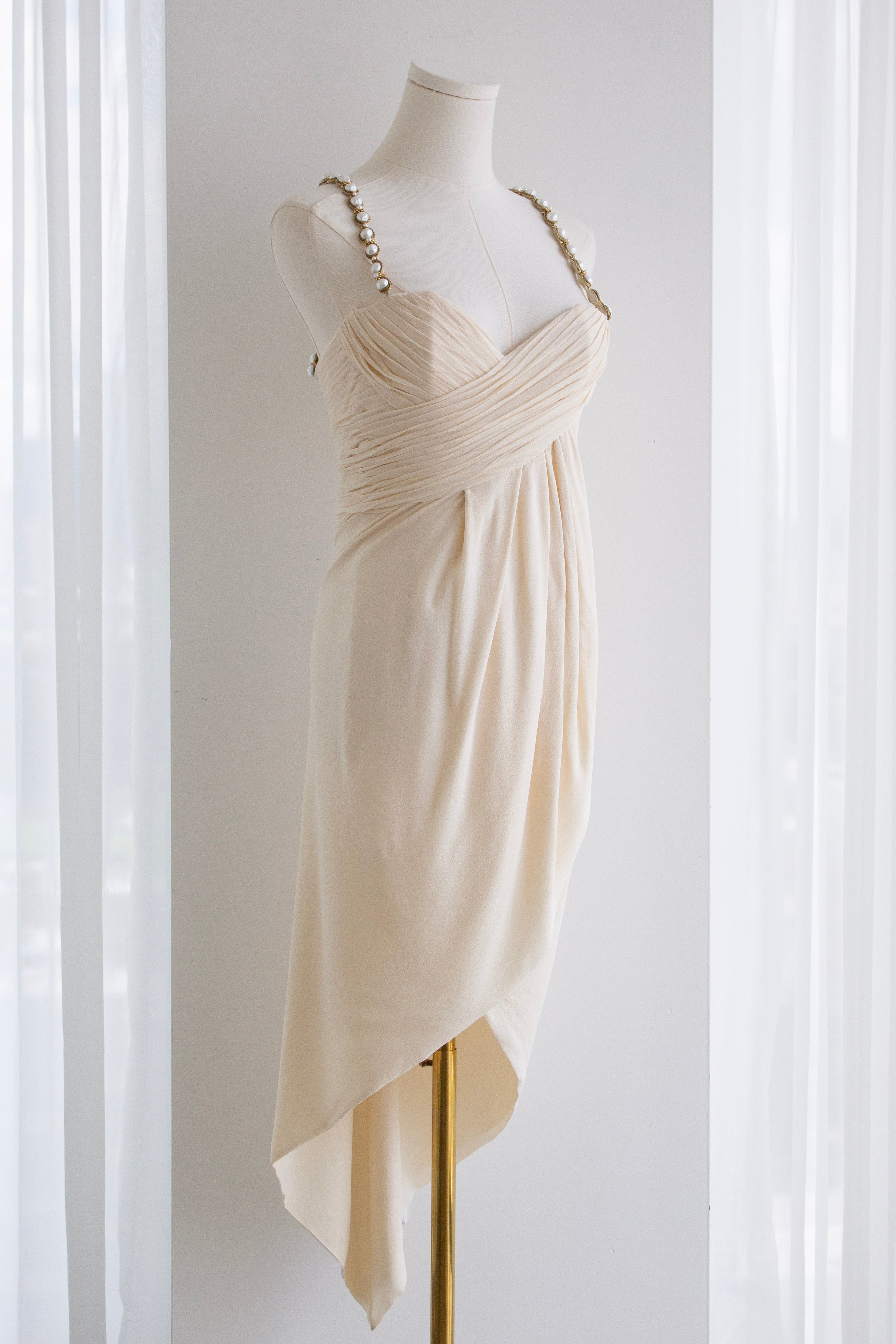 Chanel S/S 1990 Vintage Bridal Pearl Embellished Pleated Ivory Dress Gown