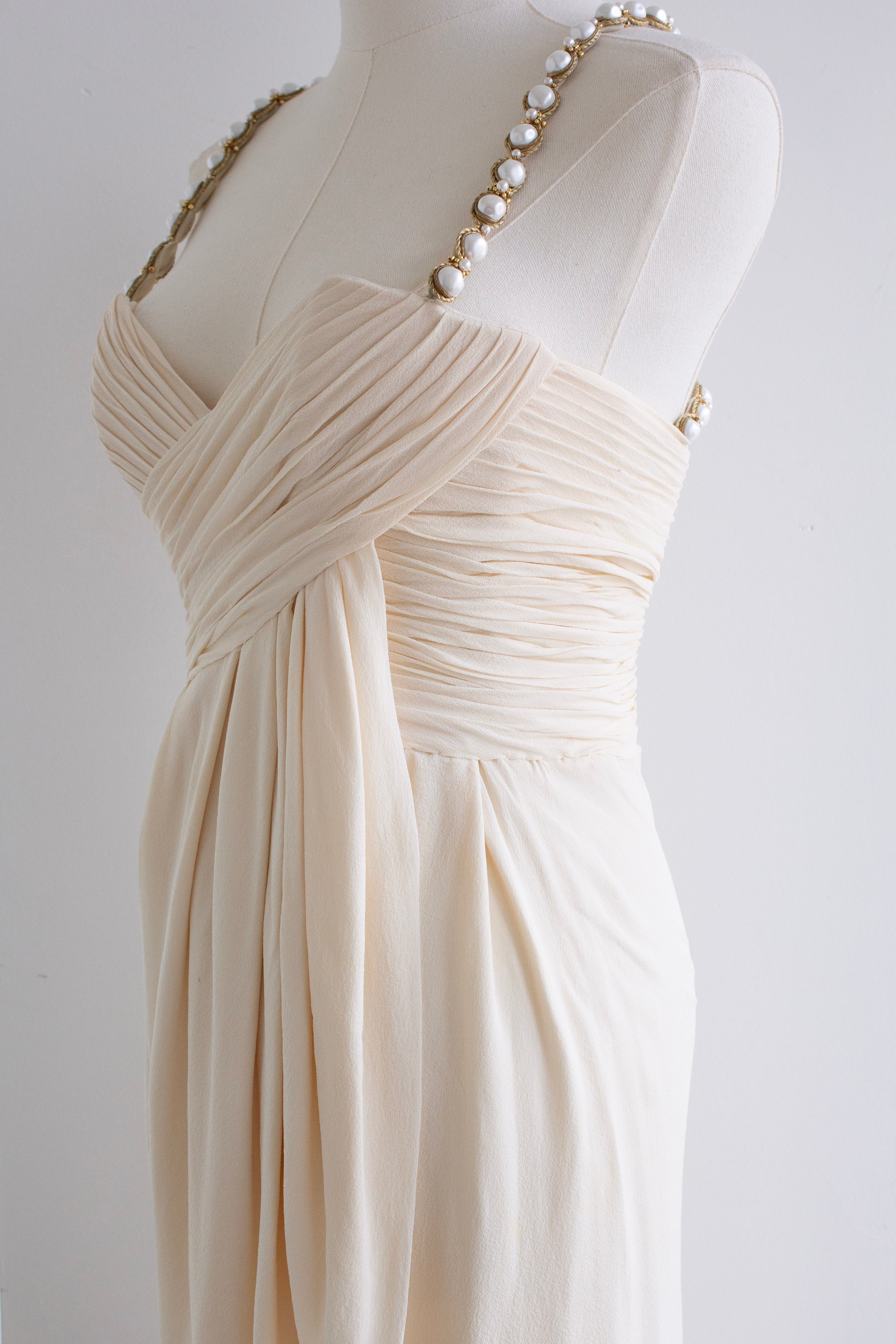 Chanel S/S 1990 Vintage Bridal Pearl Embellished Pleated Ivory Dress Gown