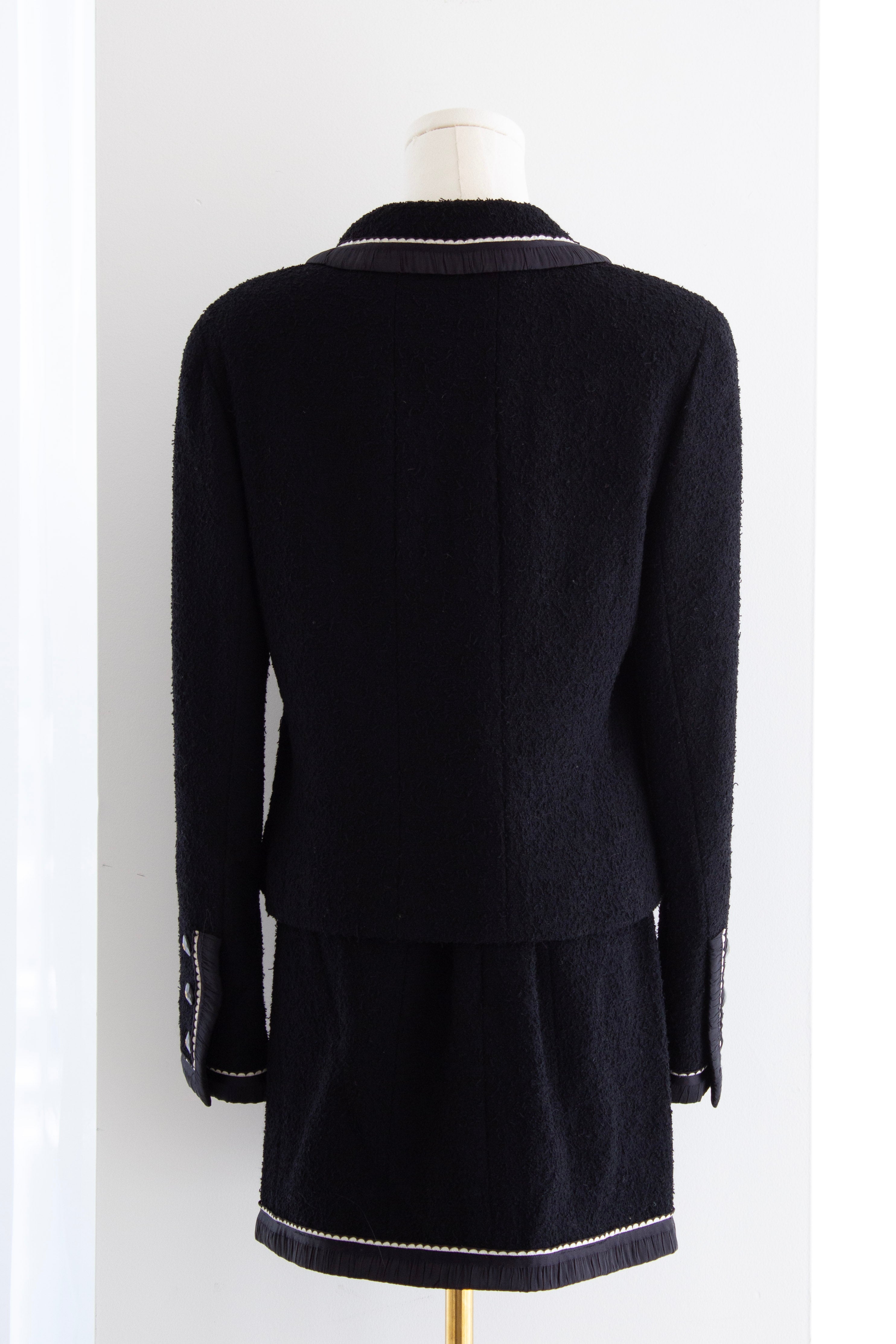 Chanel Vintage S/S1994 Black Navy Blue Logo Bow 94P Jacket Skirt Suit