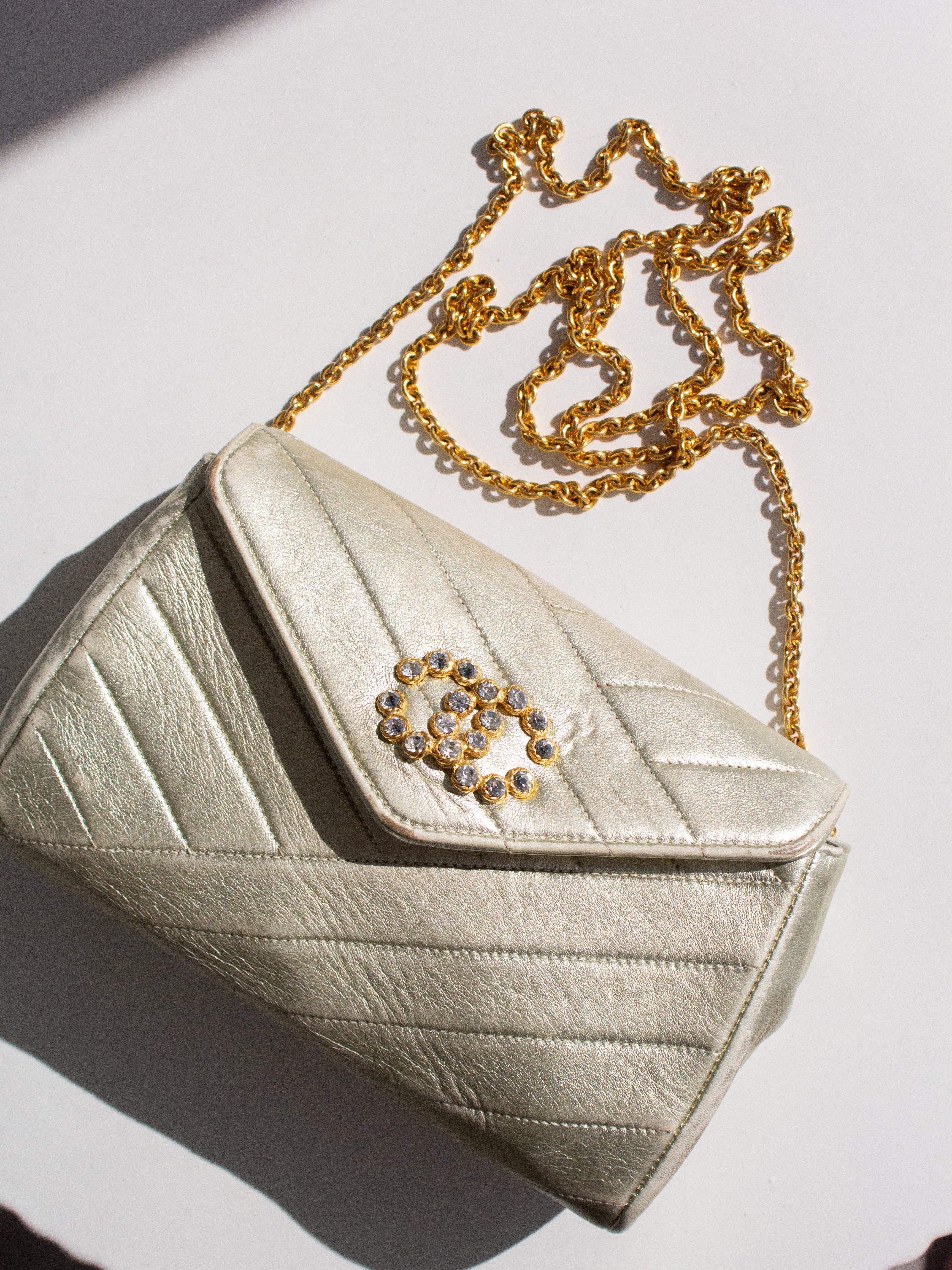 Chanel Vintage 1992 Gold Crystal Embellished CC Lambskin Bias Clutch Bag