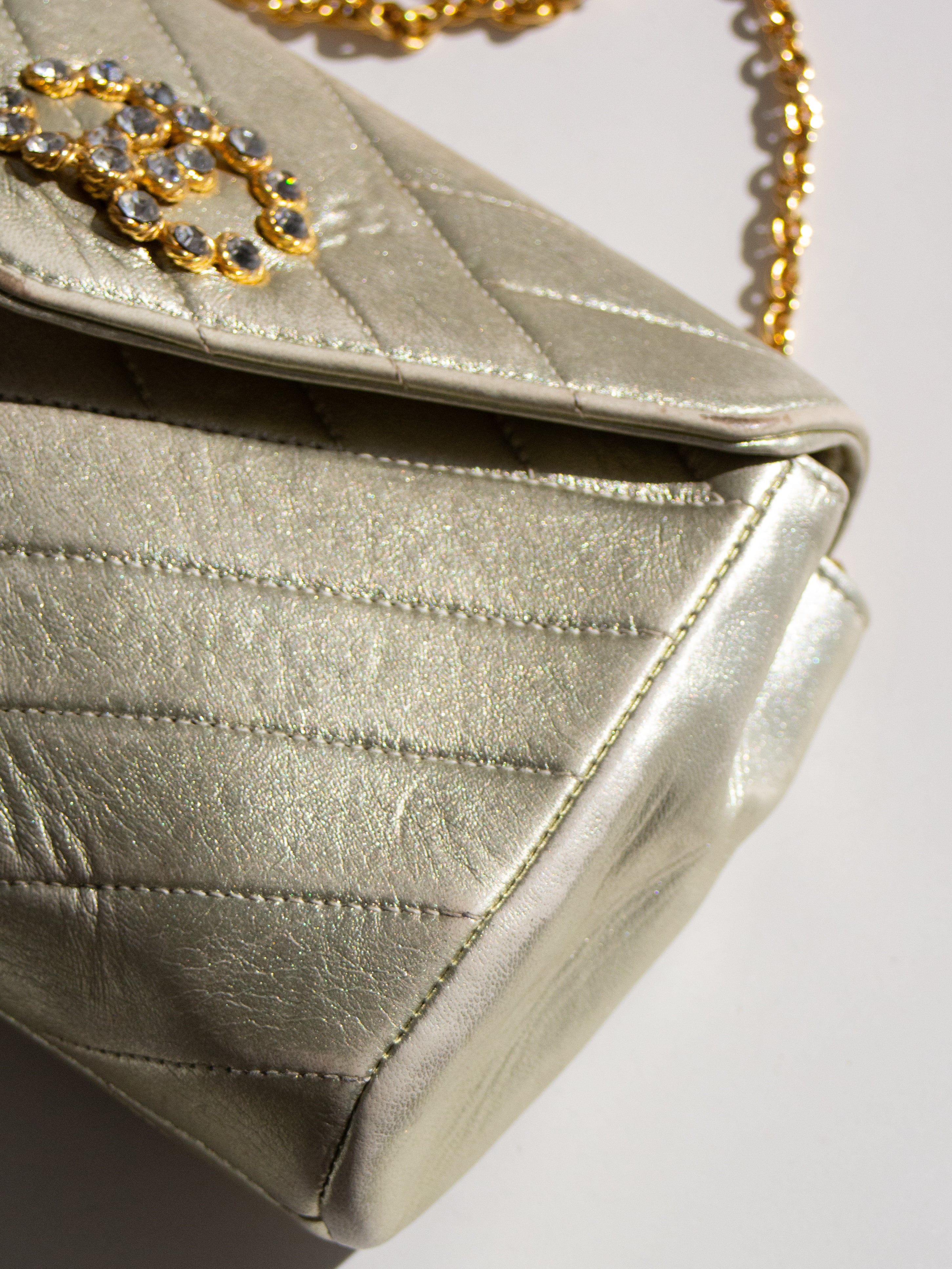 Chanel Vintage 1992 Gold Crystal Embellished CC Lambskin Bias Clutch Bag