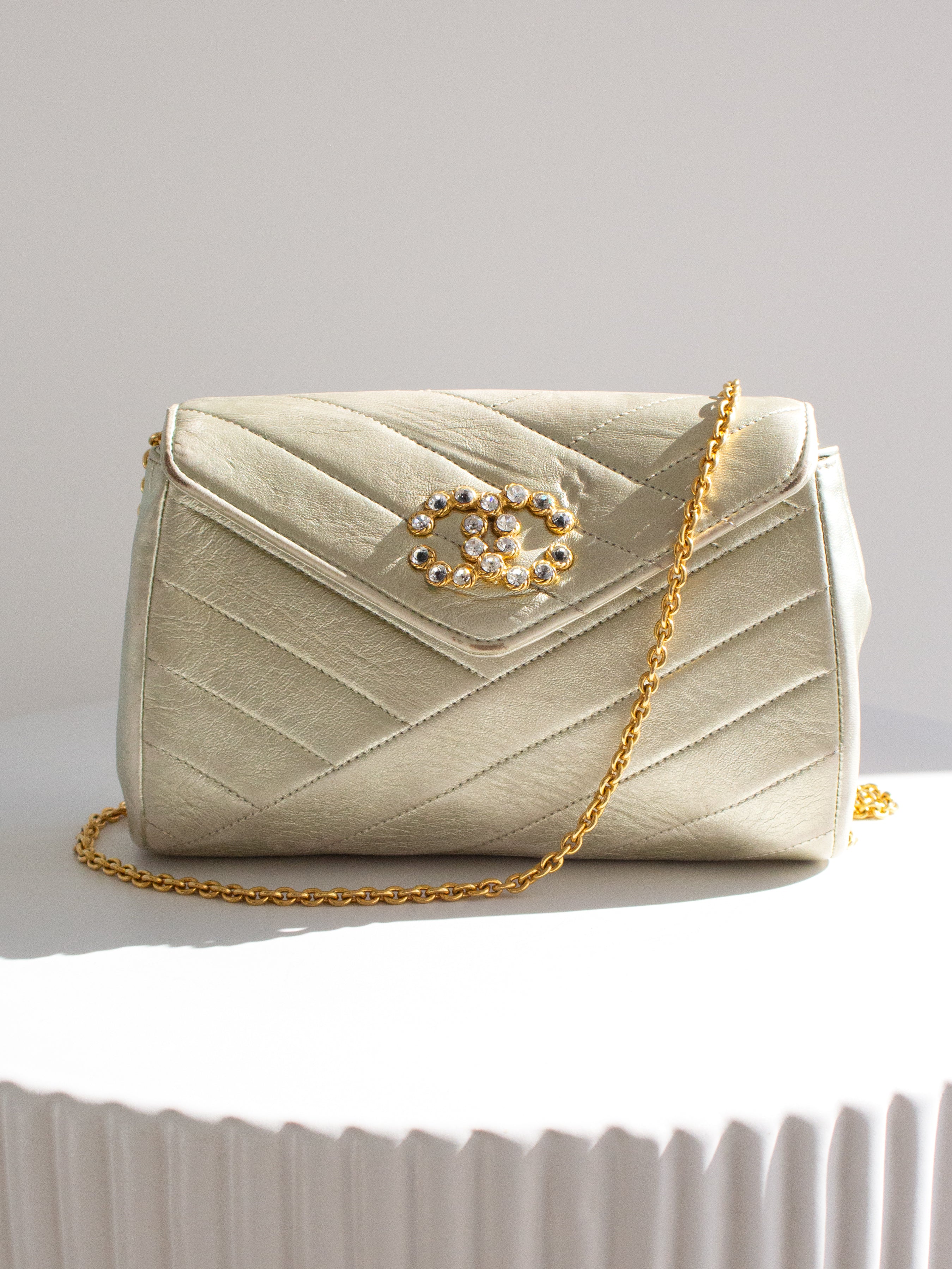 Chanel Vintage 1992 Gold Crystal Embellished CC Lambskin Bias Clutch Bag