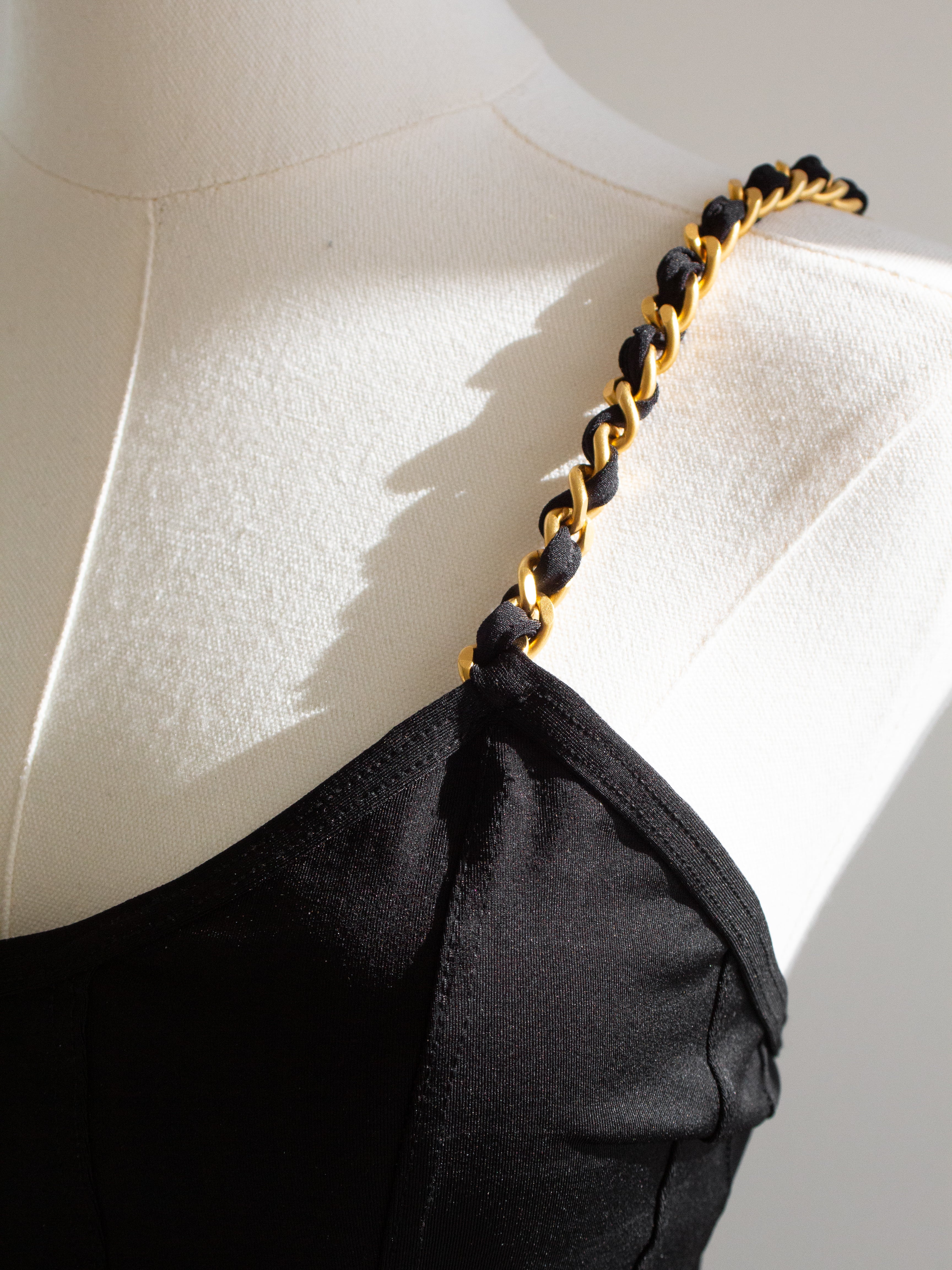Chanel Vintage 1994 Black Gold Chain Strap Corset Swimsuit Bodysuit