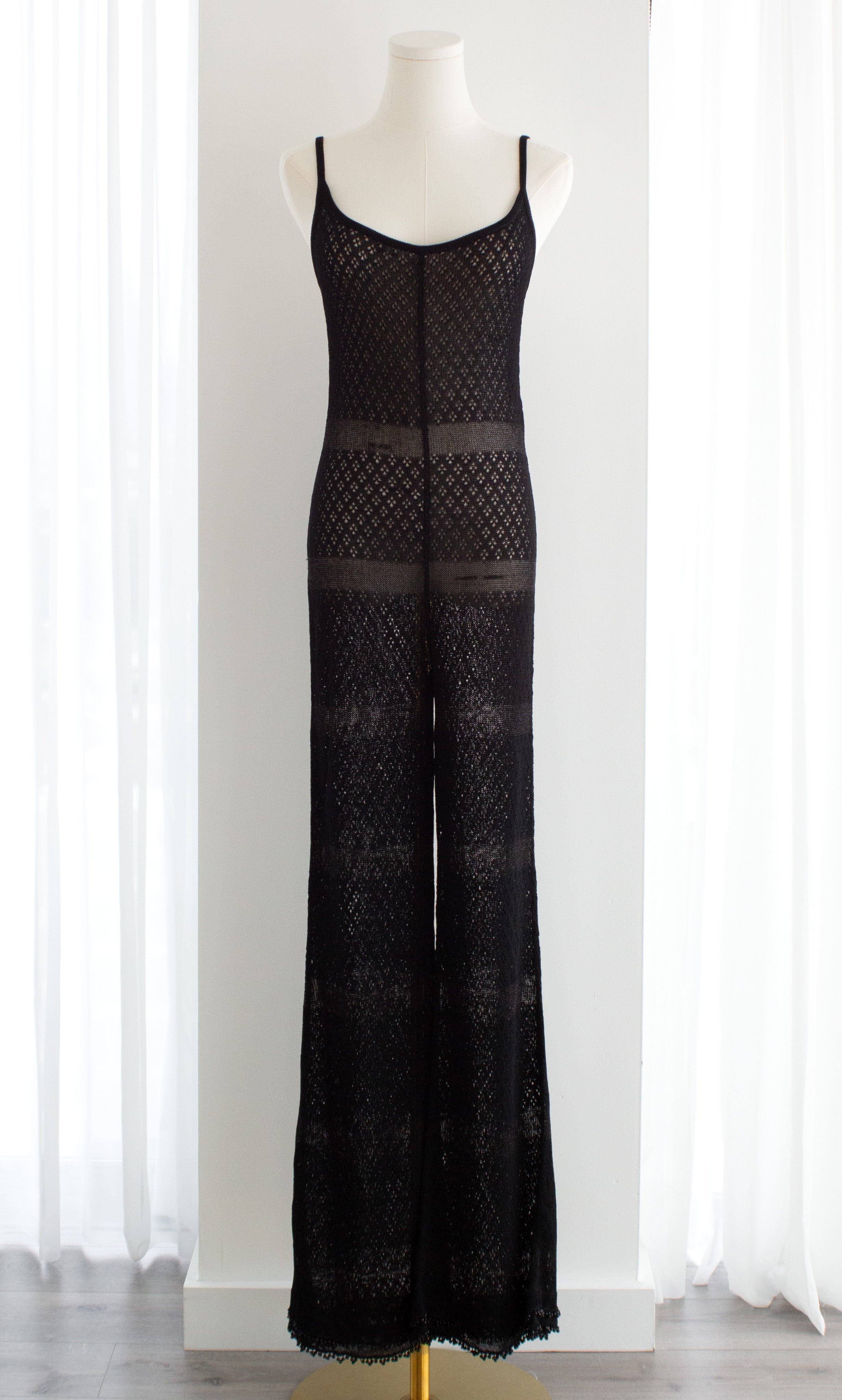 Chanel Vintage S/S 1995 Barbie Black Knit Crochet Pearl 95P Jumpsuit