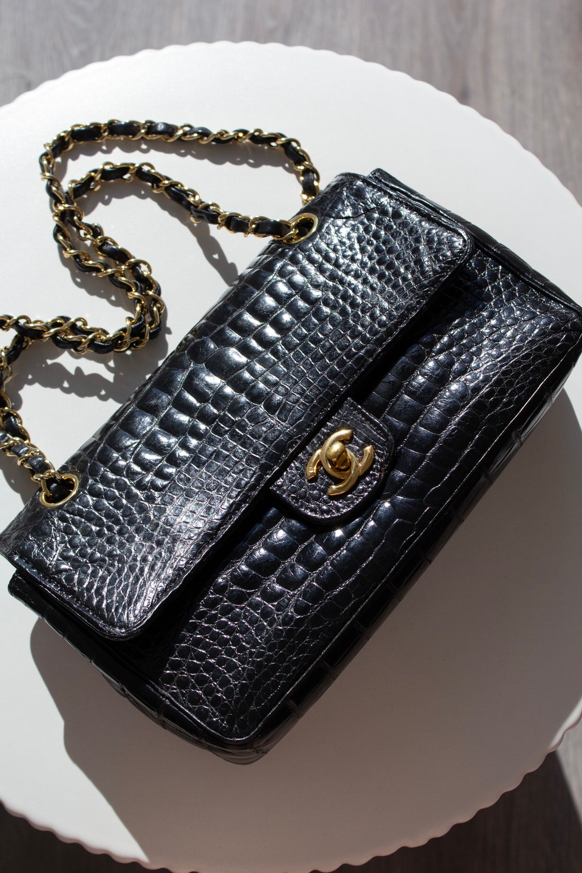 Chanel Vintage Black Alligator Leather 24K Gold-Plated Medium Classic Flap Bag