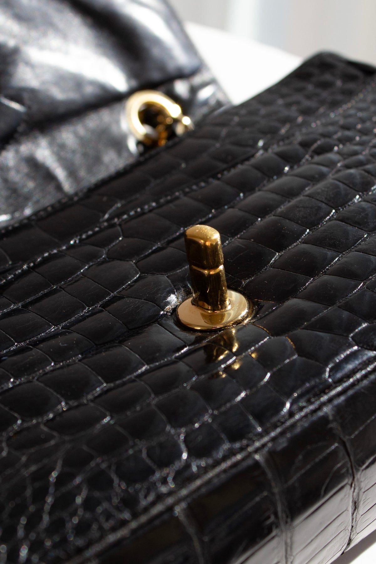 Chanel Vintage Black Alligator Leather 24K Gold-Plated Medium Classic Flap Bag