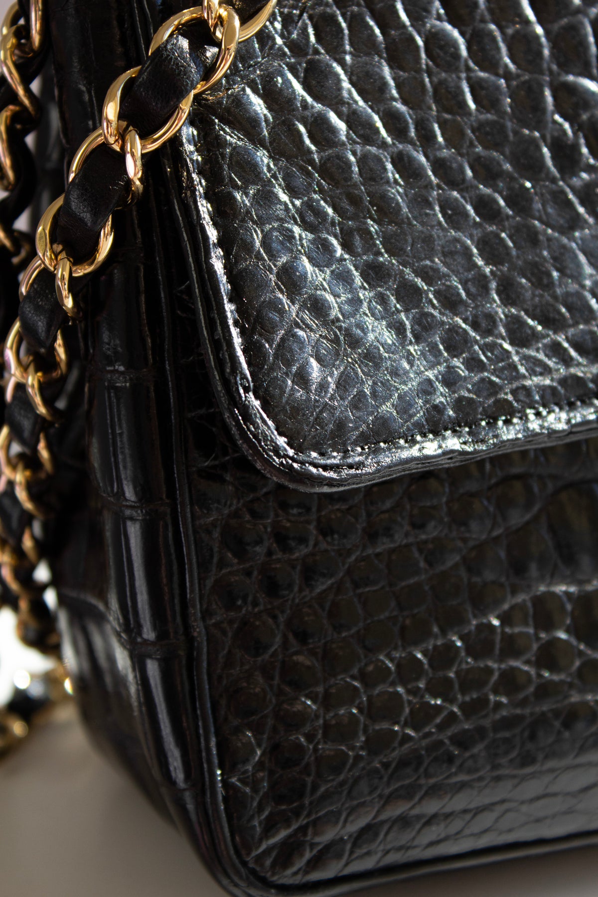 Chanel Vintage Black Alligator Leather 24K Gold-Plated Medium Classic Flap Bag