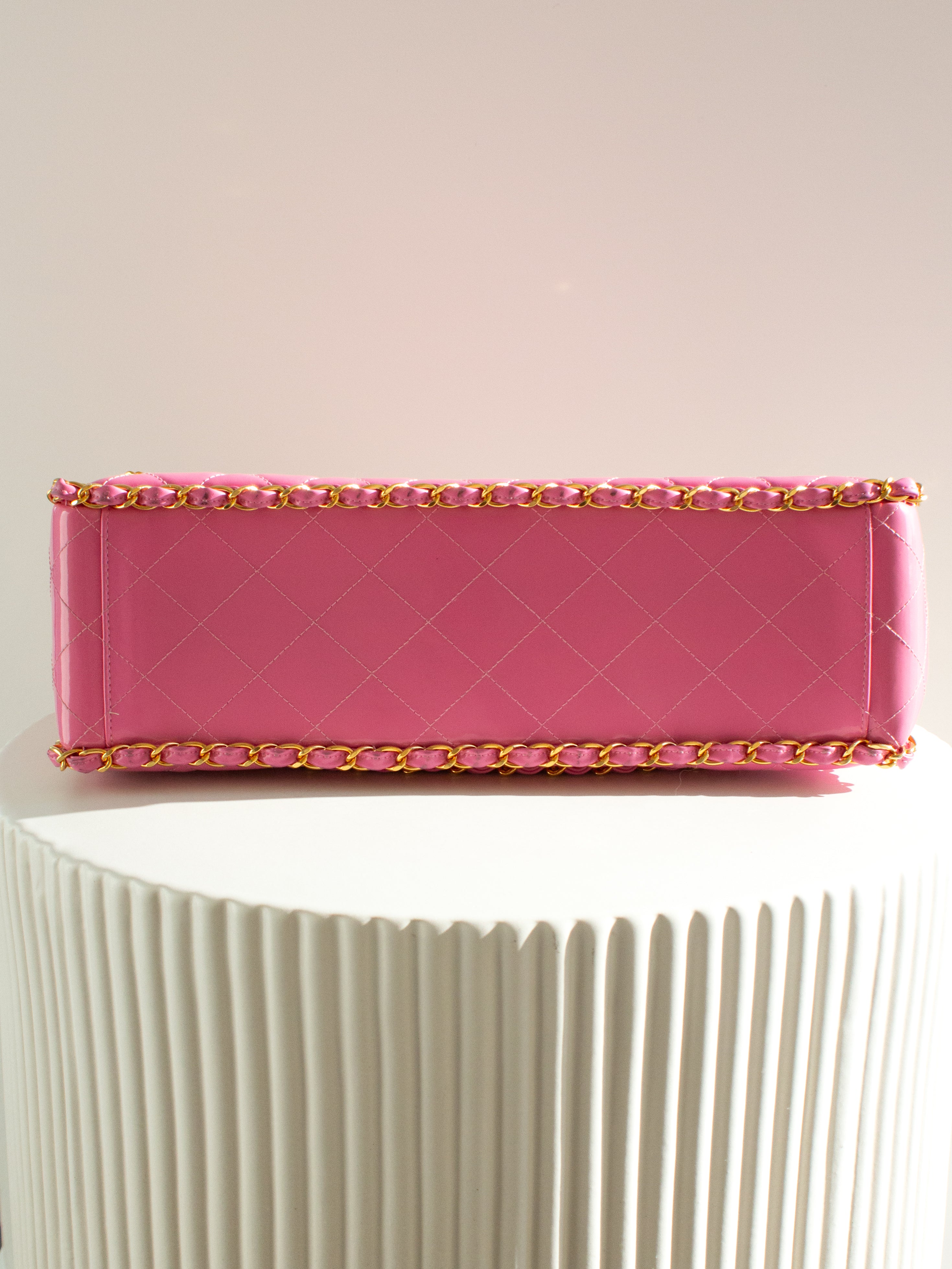 Chanel 1995 Barbie Pink 24K Gold Chain Around Patent Lambskin Jumbo XL 95P Bag