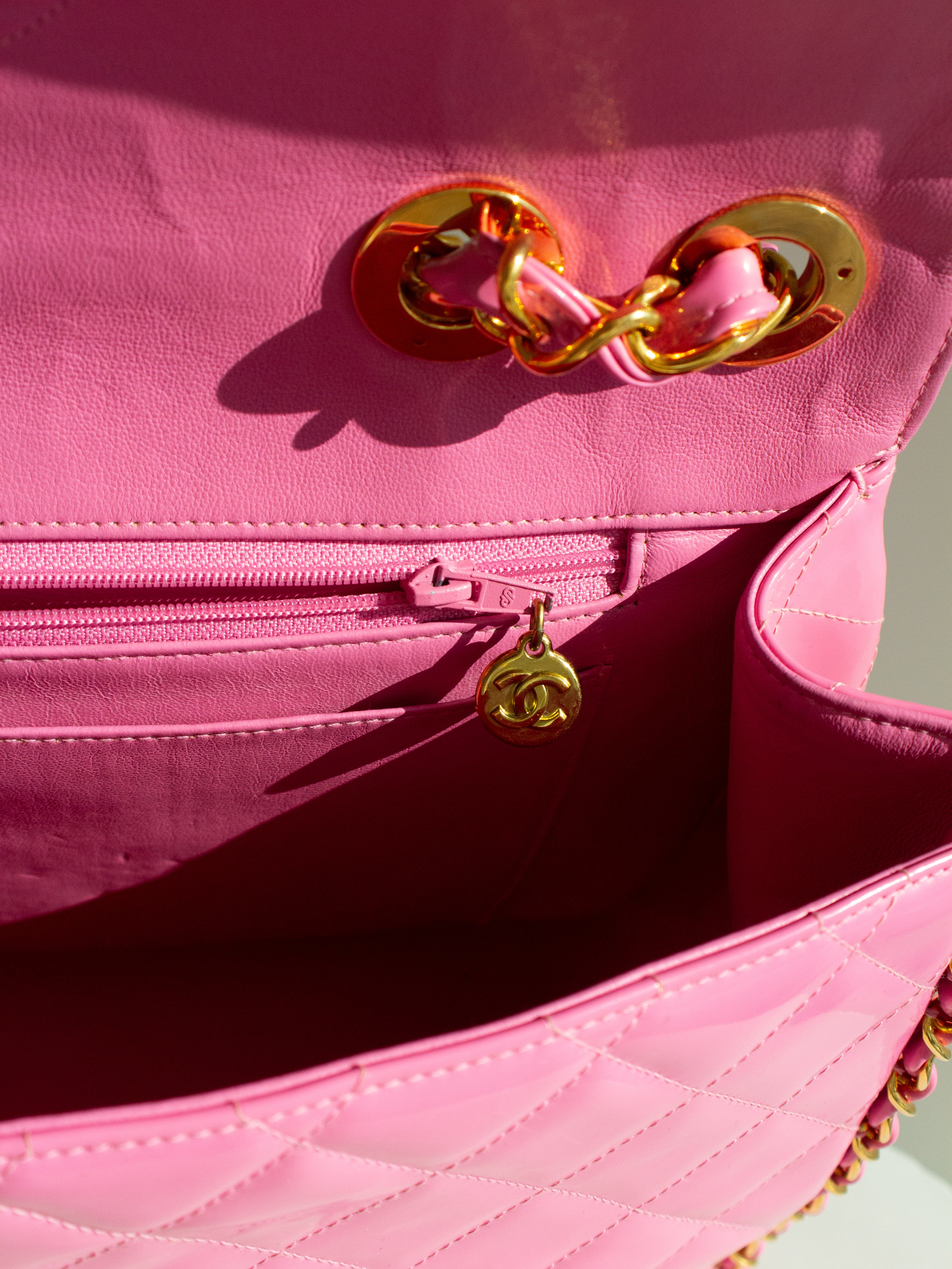 Chanel 1995 Barbie Pink 24K Gold Chain Around Patent Lambskin Jumbo XL 95P Bag