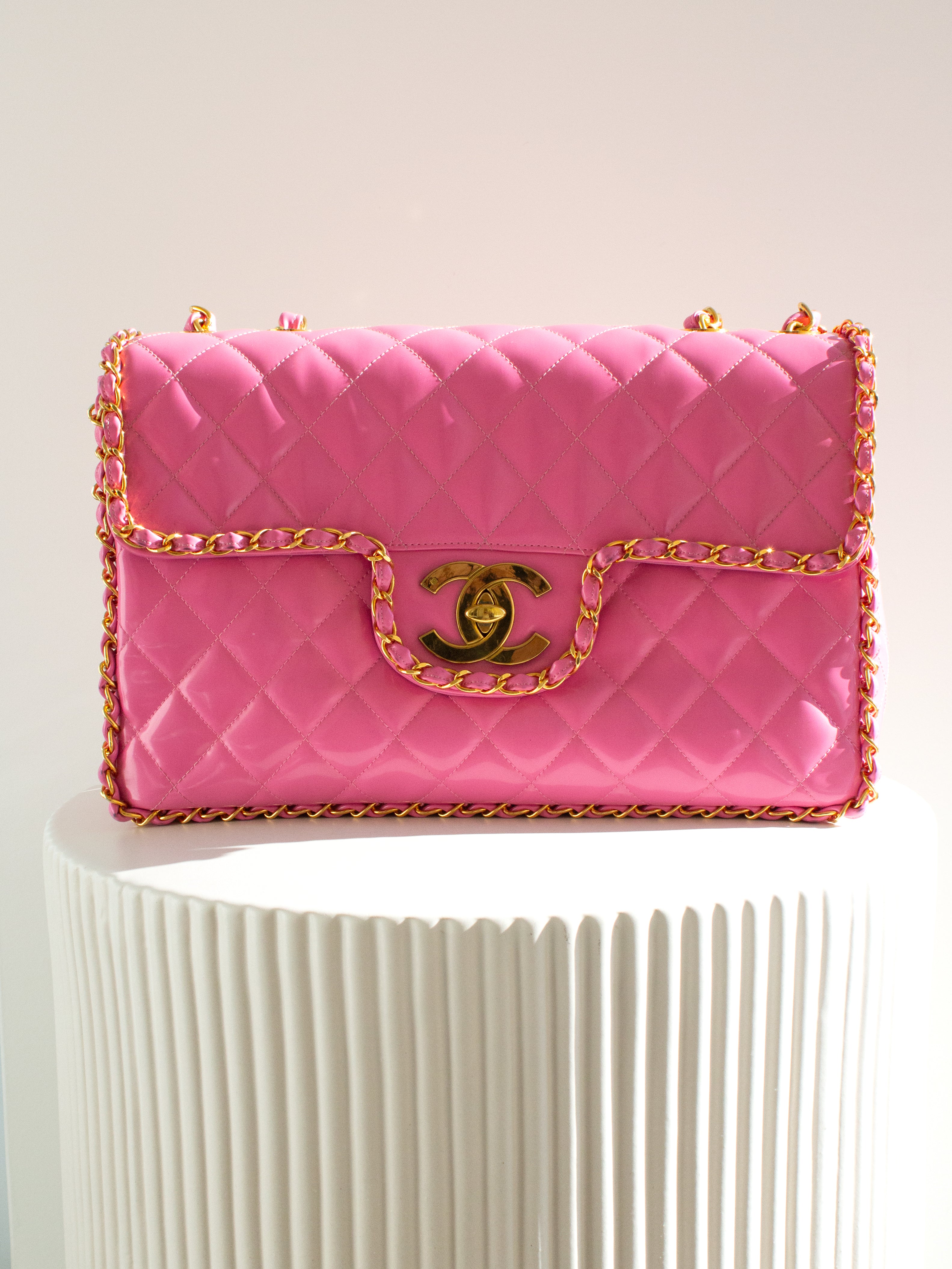 Chanel 1995 Barbie Pink 24K Gold Chain Around Patent Lambskin Jumbo XL 95P Bag