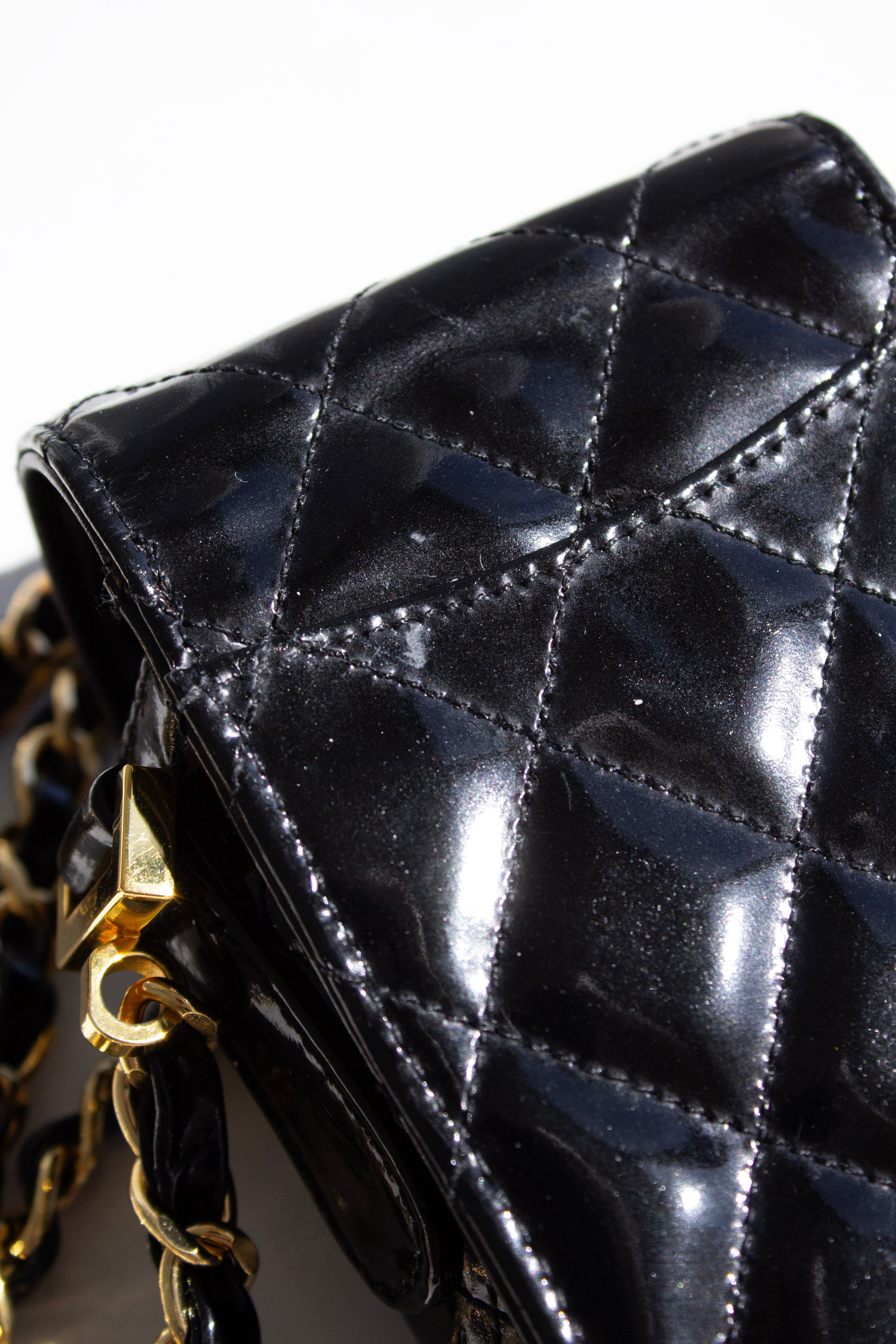 Chanel Vintage 1996 Black Patent Leather Gold CC Turnlock 90s Phone Holder