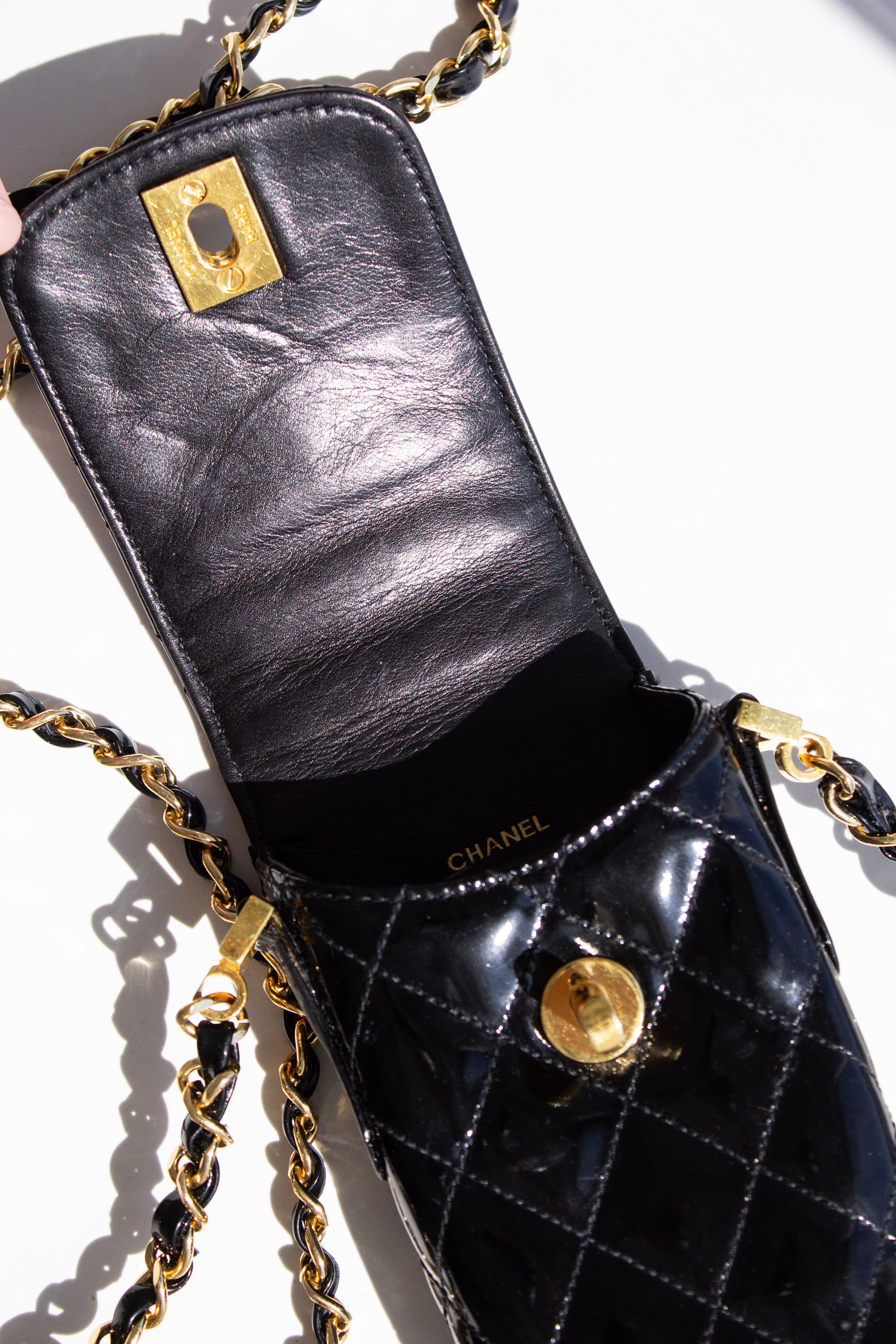 Chanel Vintage 1996 Black Patent Leather Gold CC Turnlock 90s Phone Holder