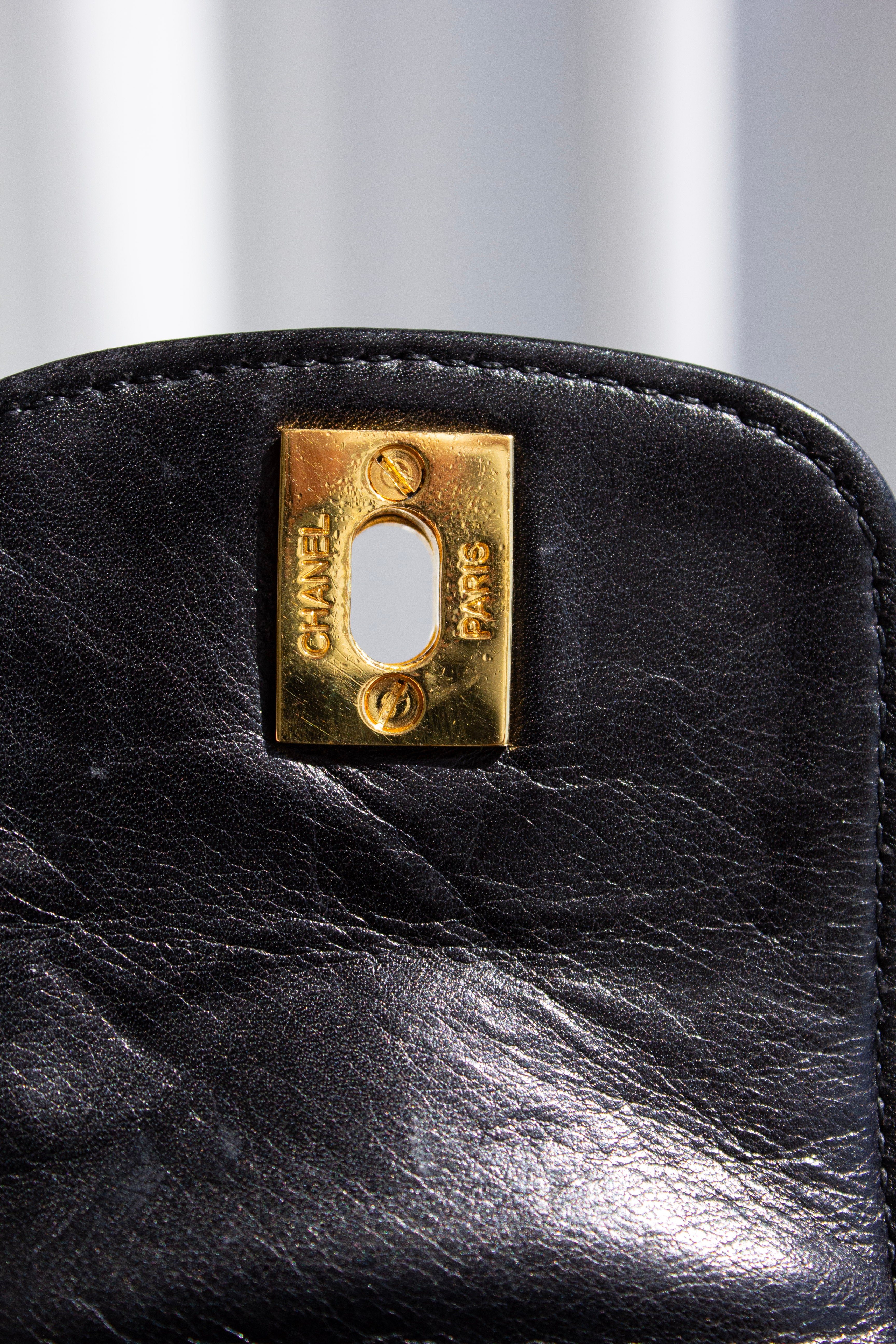 Chanel Vintage 1996 Black Patent Leather Gold CC Turnlock 90s Phone Holder