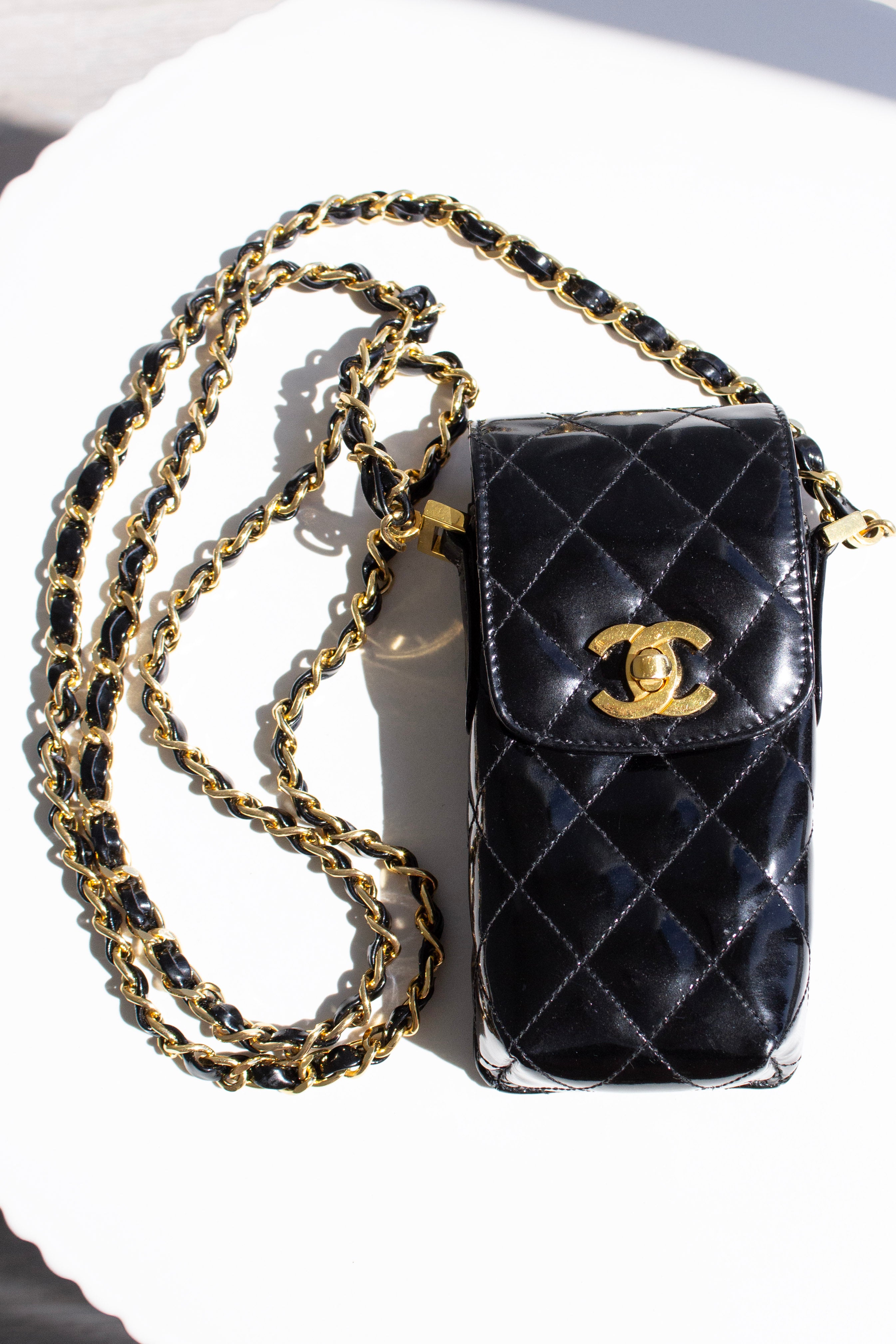 Chanel Vintage 1996 Black Patent Leather Gold CC Turnlock 90s Phone Holder