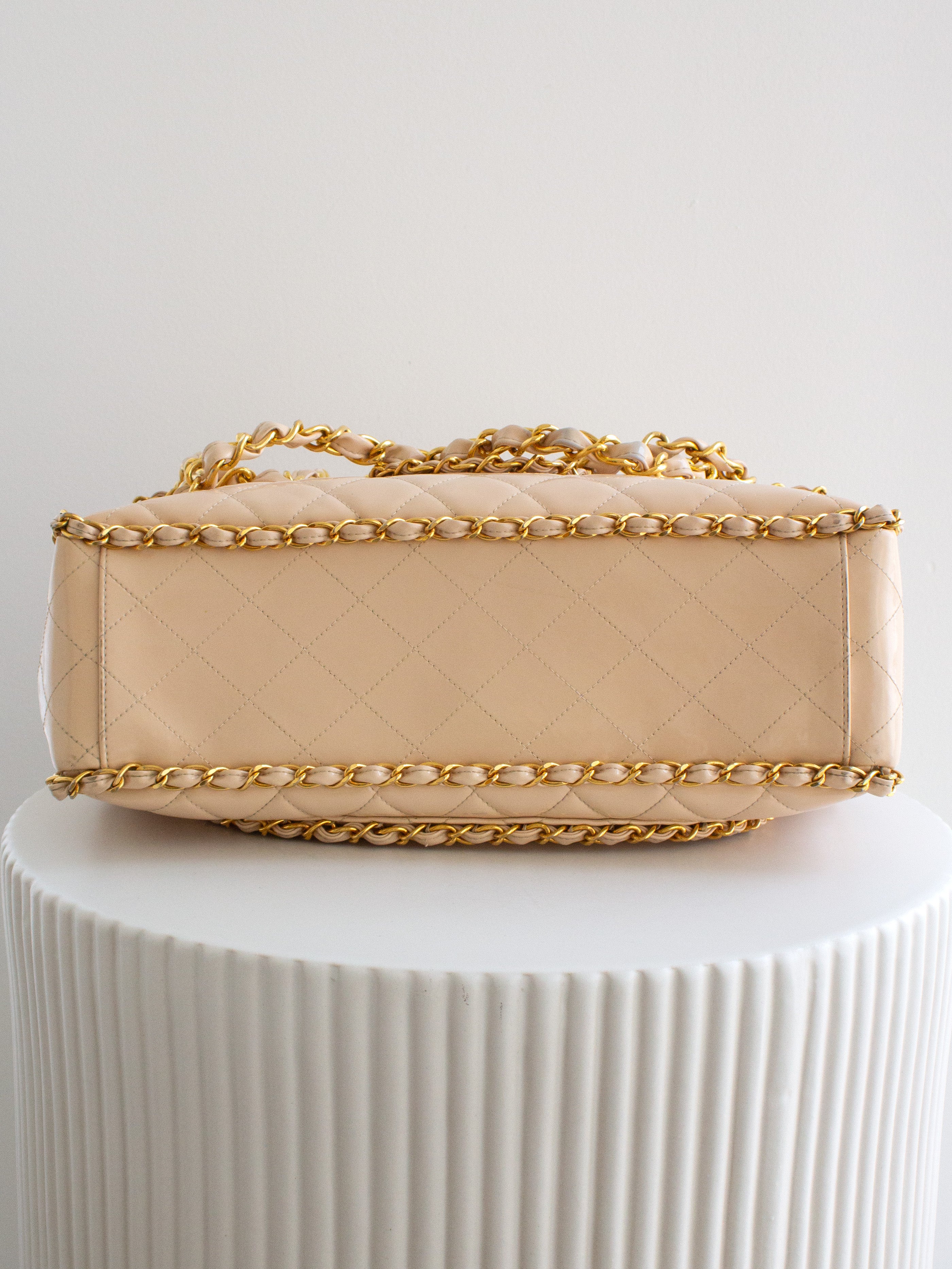 Chanel 1995 Barbie Beige 24K Gold Chain Around Patent Lambskin Jumbo XL 95P Bag