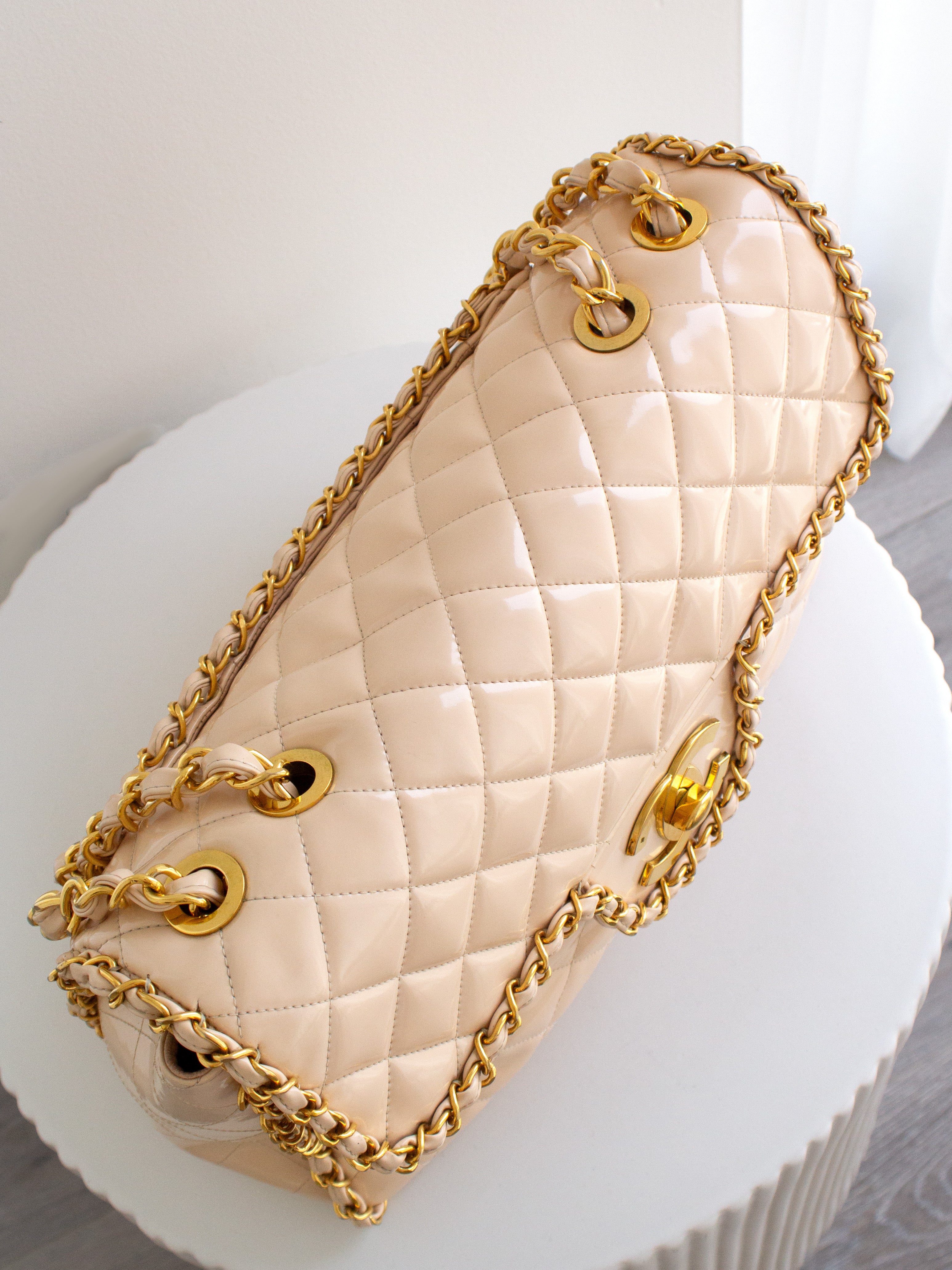 Chanel 1995 Barbie Beige 24K Gold Chain Around Patent Lambskin Jumbo XL 95P Bag
