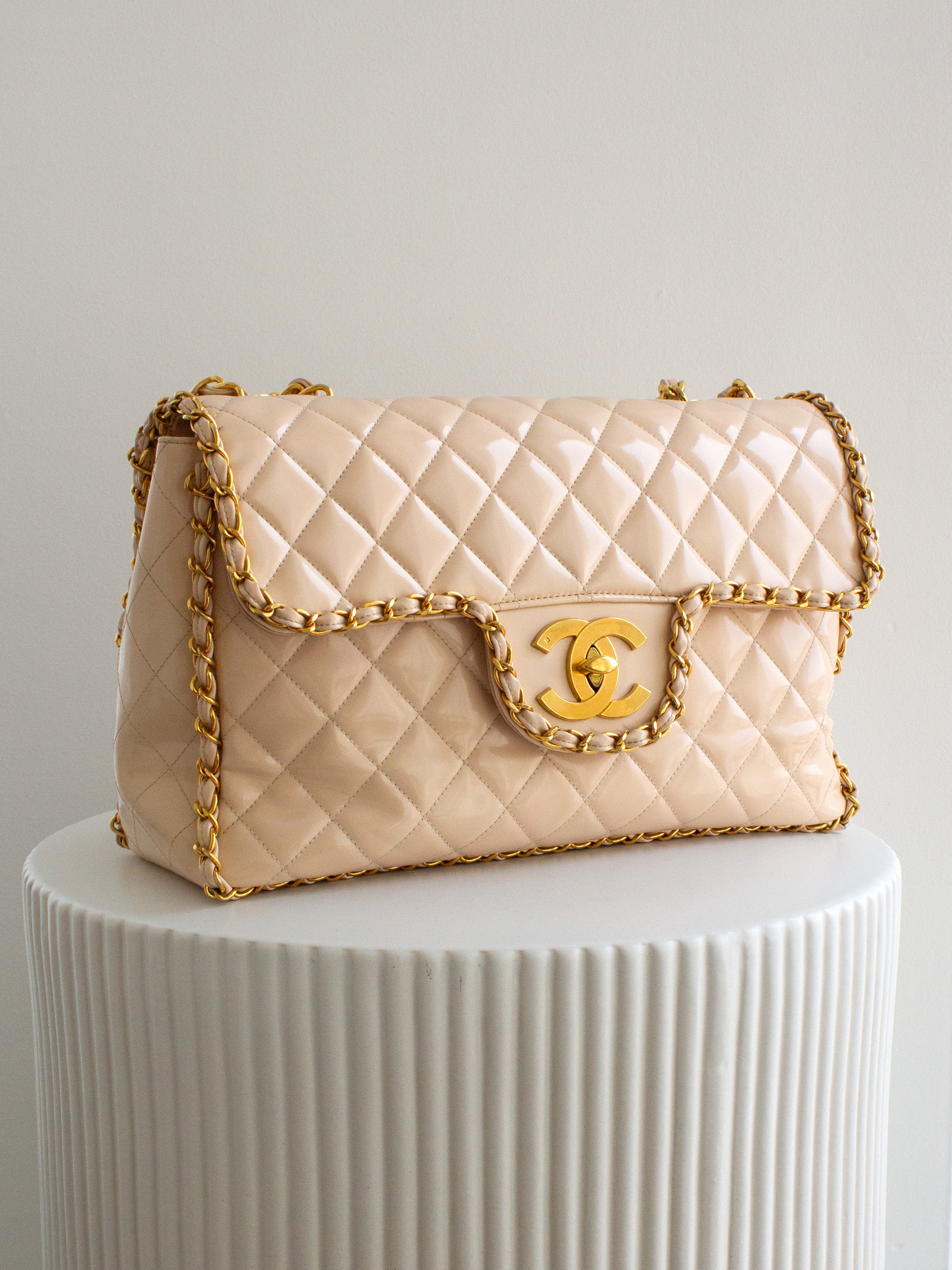 Chanel 1995 Barbie Beige 24K Gold Chain Around Patent Lambskin Jumbo XL 95P Bag