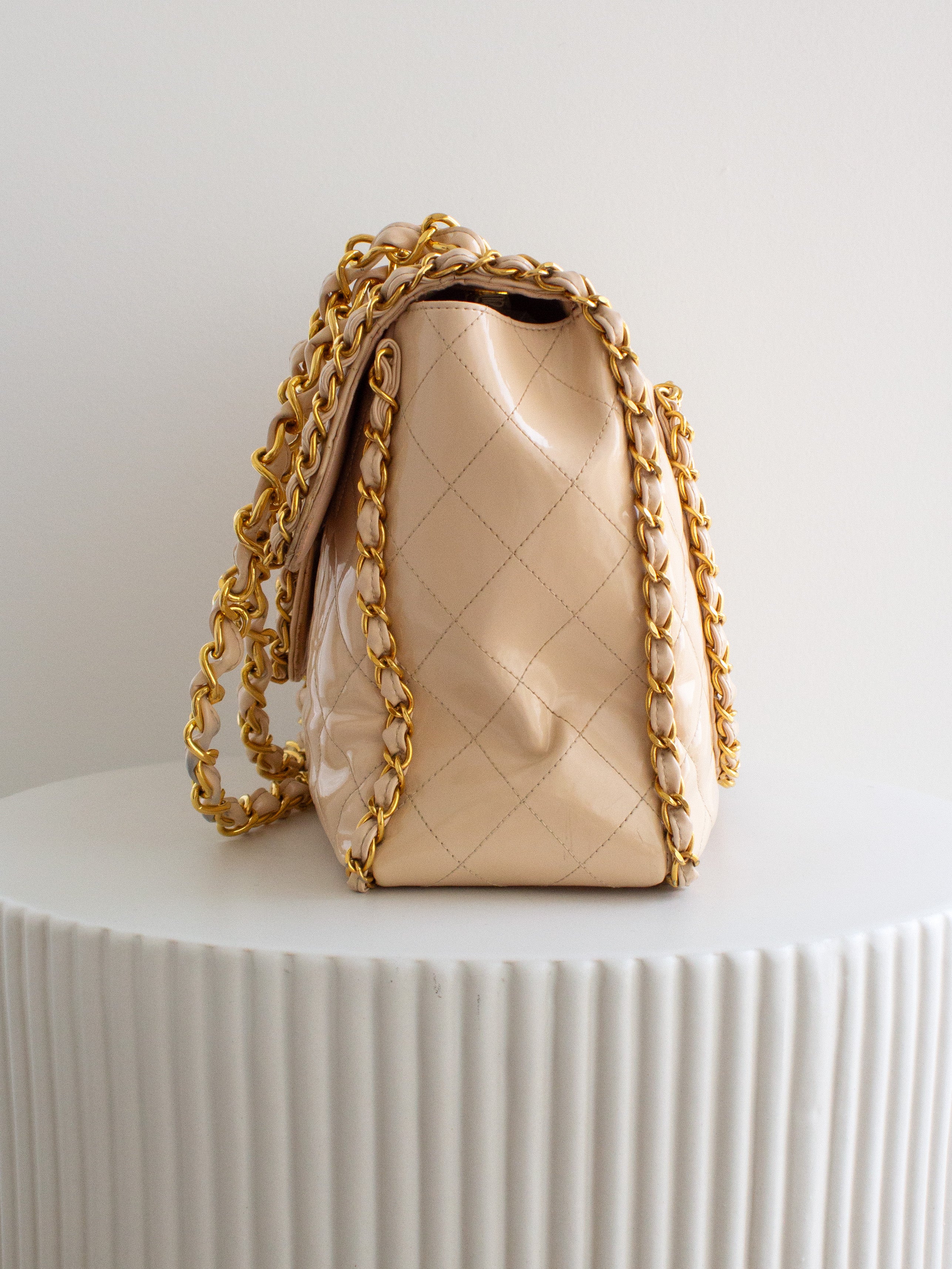 Chanel 1995 Barbie Beige 24K Gold Chain Around Patent Lambskin Jumbo XL 95P Bag