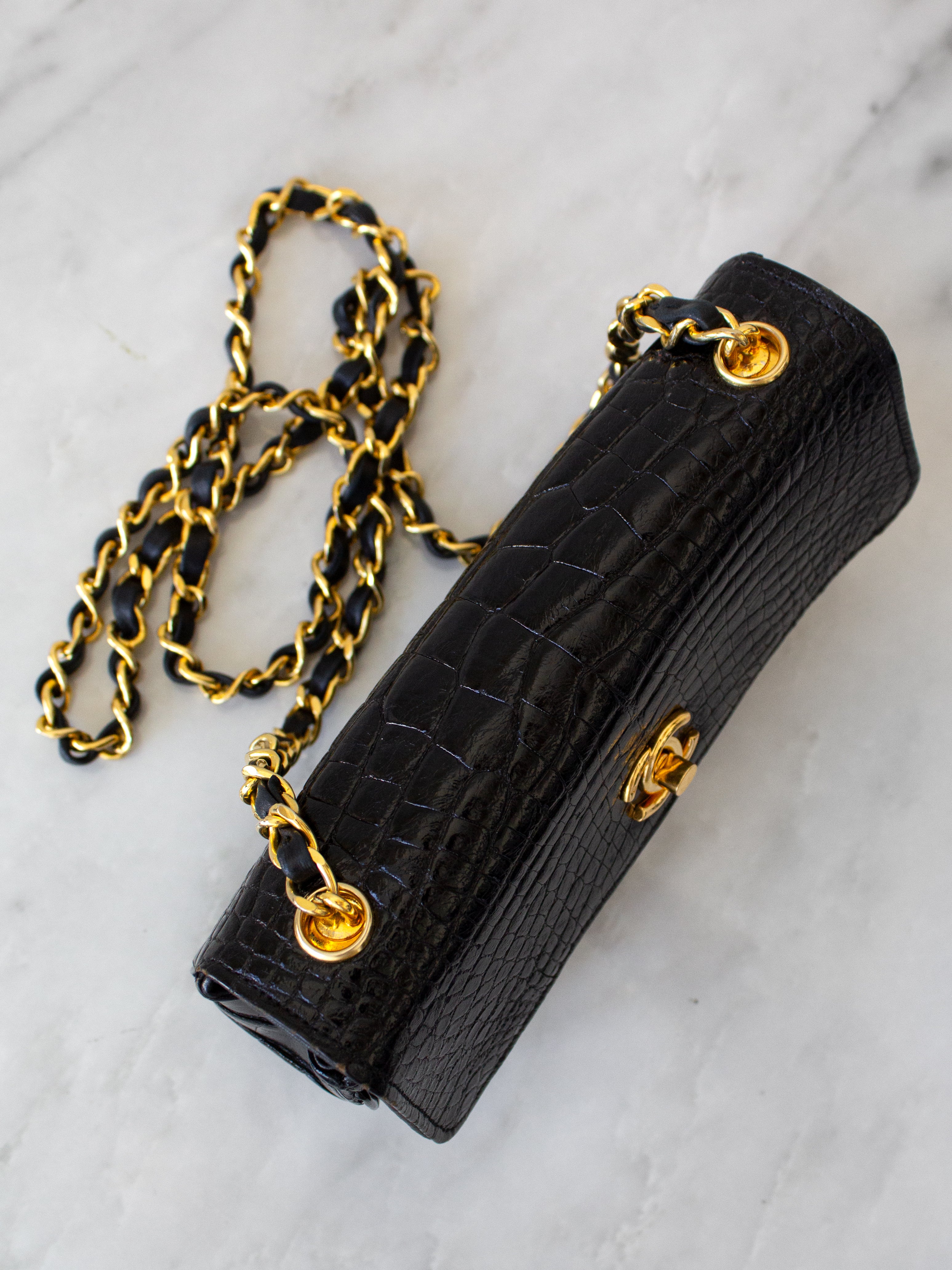 Chanel Vintage 1989 Classic Mini Flap Black Alligator 24K Gold Plated Bag