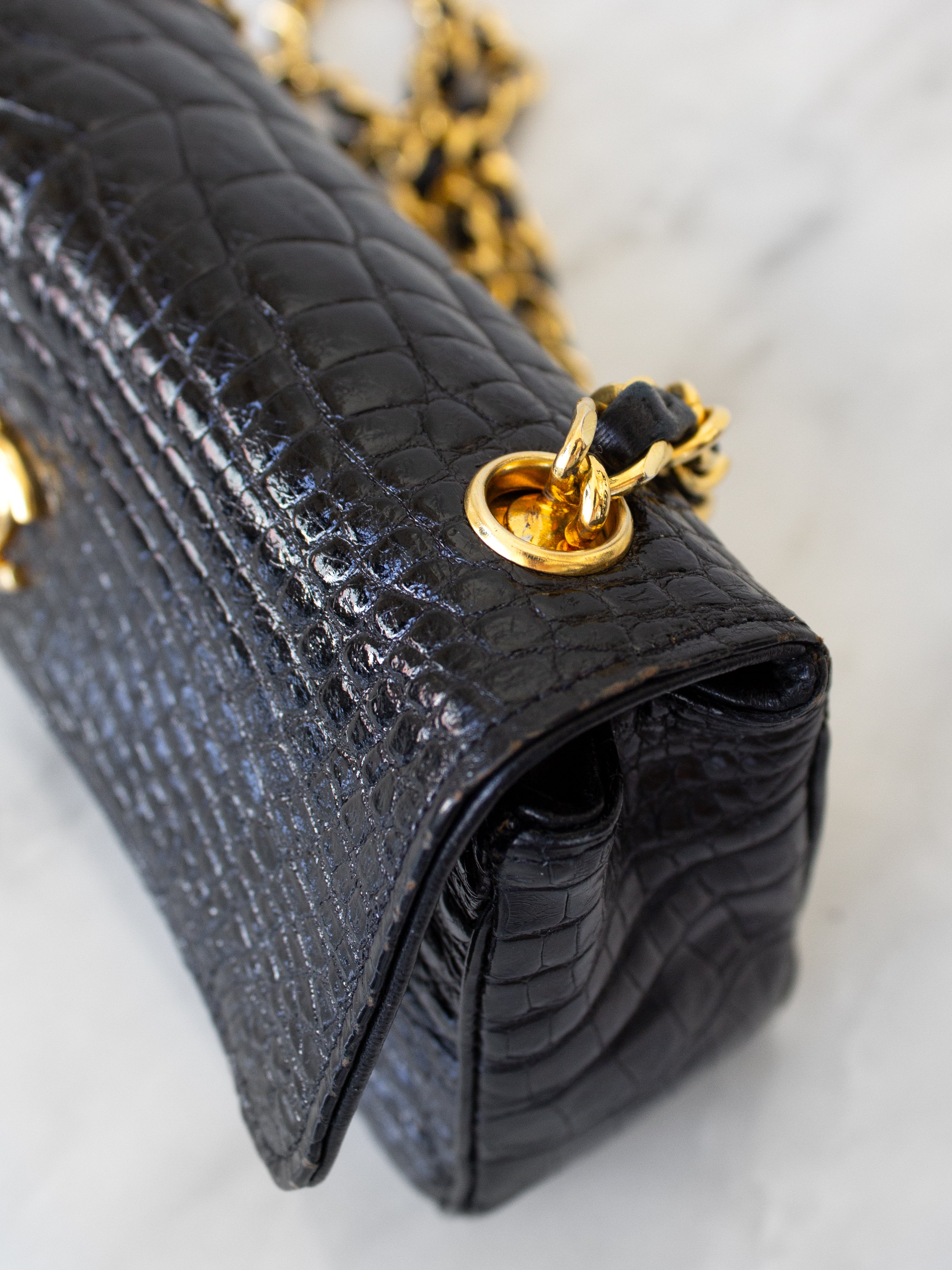 Chanel Vintage 1989 Classic Mini Flap Black Alligator 24K Gold Plated Bag