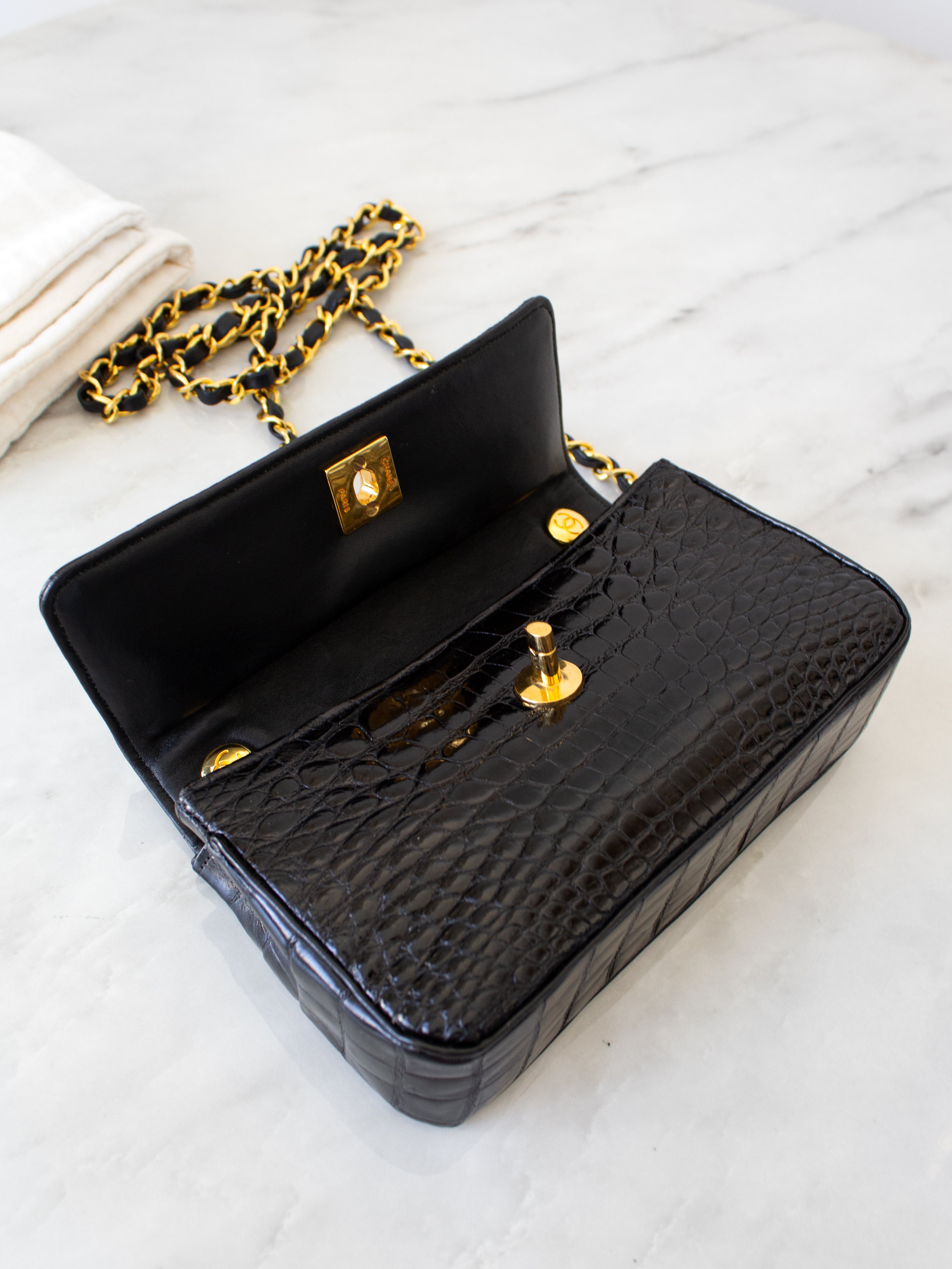 Chanel Vintage 1989 Classic Mini Flap Black Alligator 24K Gold Plated Bag