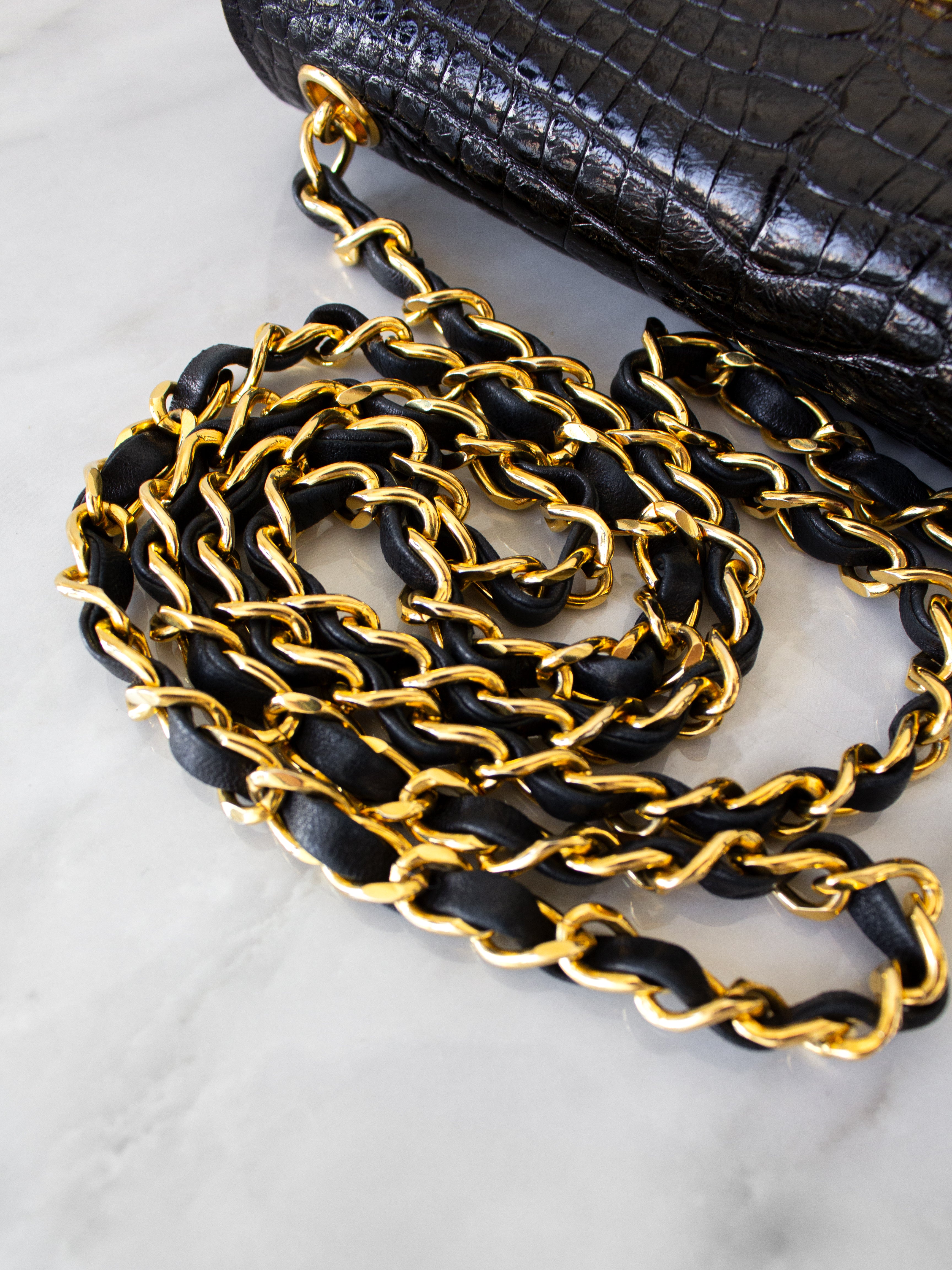 Chanel Vintage 1989 Classic Mini Flap Black Alligator 24K Gold Plated Bag