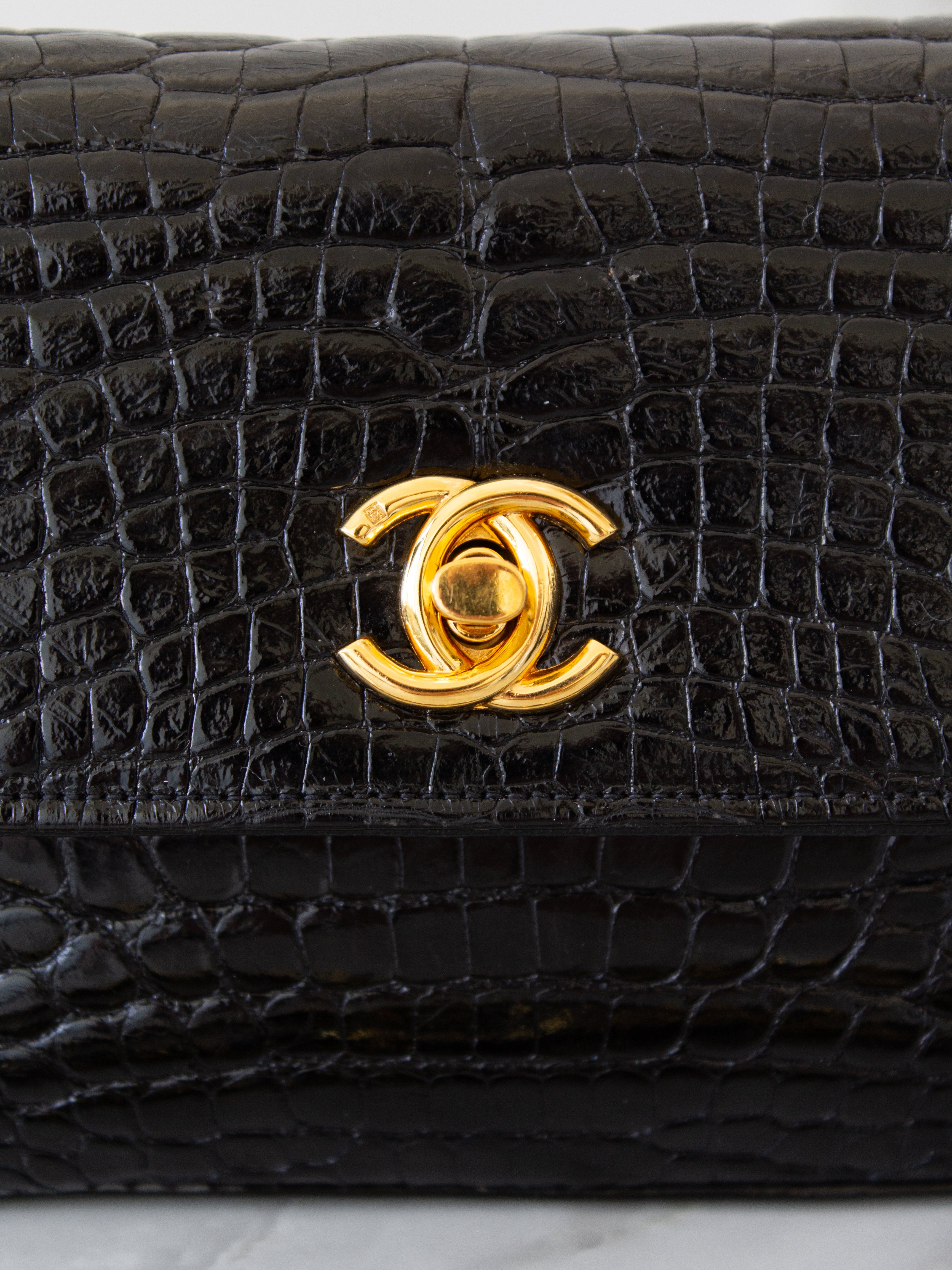 Chanel Vintage 1989 Classic Mini Flap Black Alligator 24K Gold Plated Bag