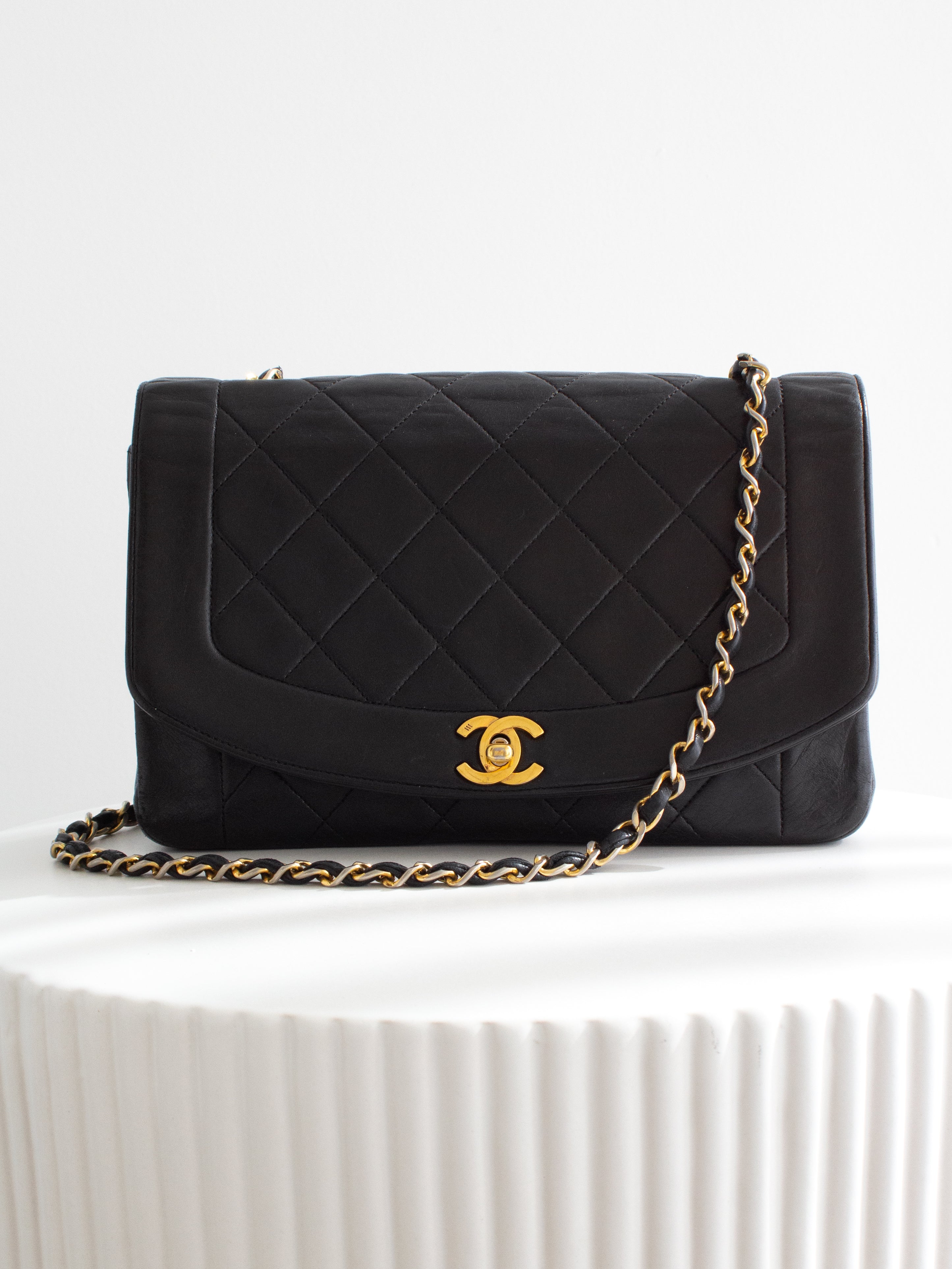 Chanel Vintage Diana Medium Black Lambskin 24K Gold Flap Bag