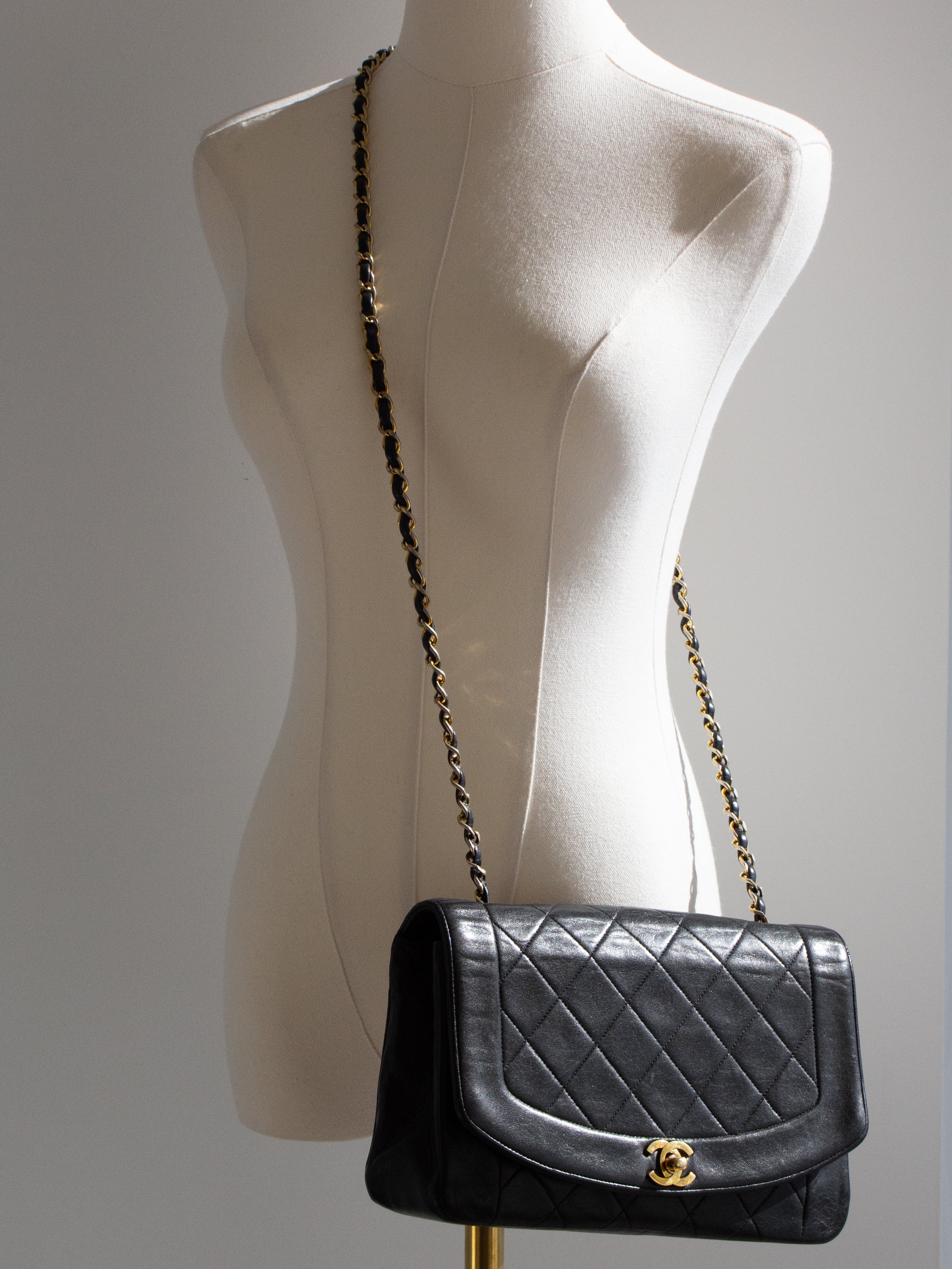 Chanel Vintage Diana Medium Black Lambskin 24K Gold Flap Bag