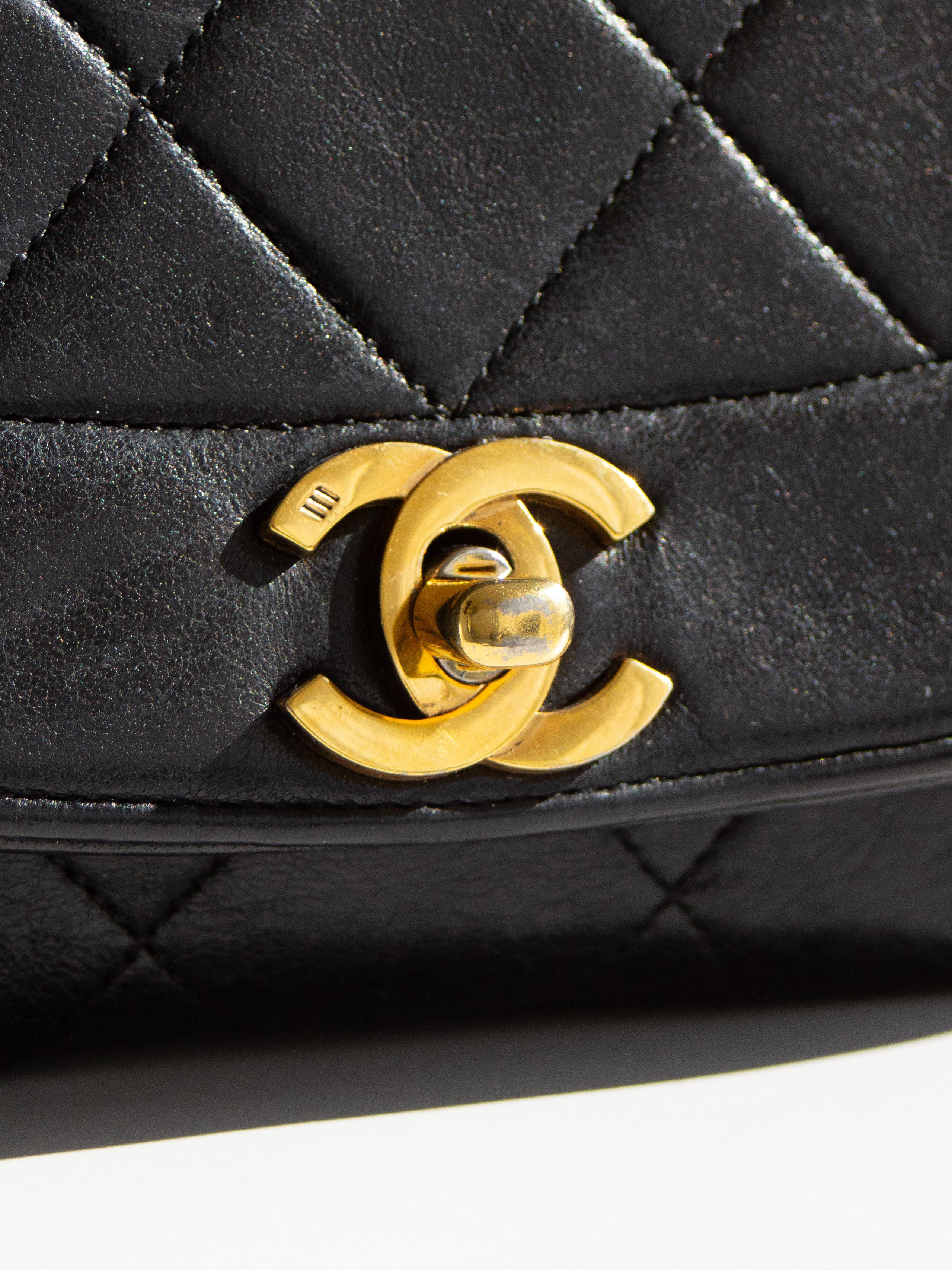 Chanel Vintage Diana Medium Black Lambskin 24K Gold Flap Bag