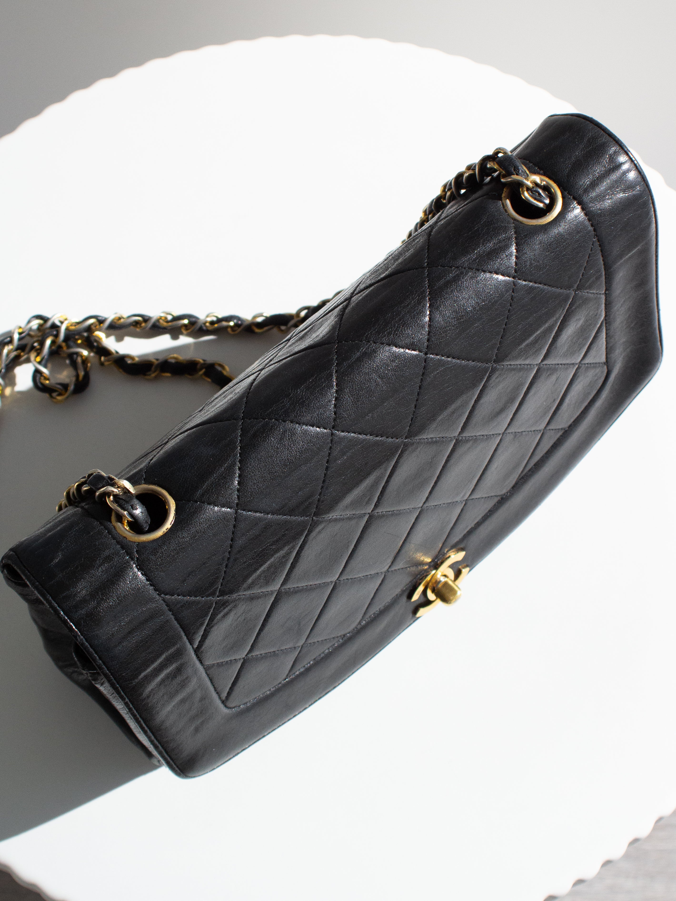 Chanel Vintage Diana Medium Black Lambskin 24K Gold Flap Bag