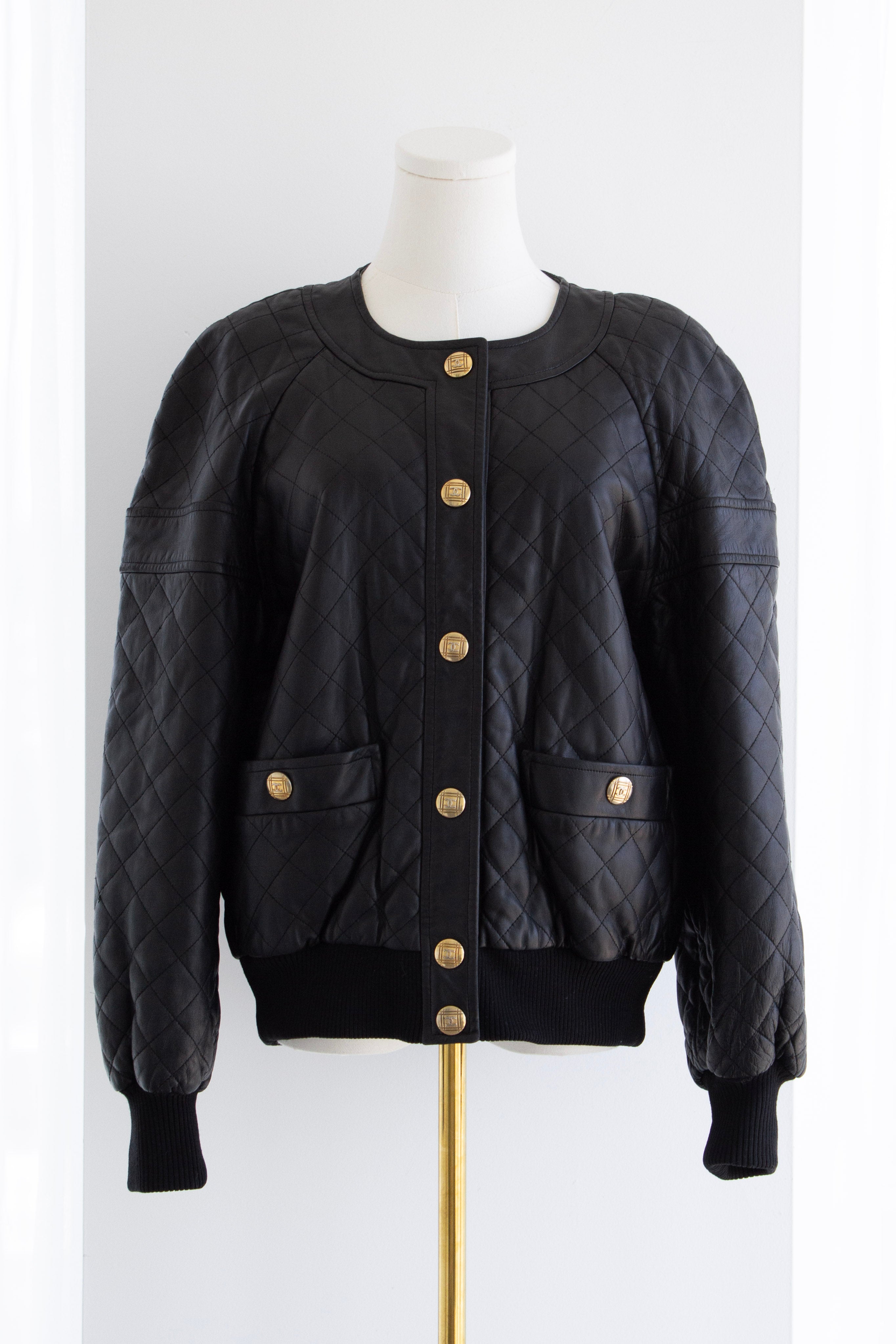 Chanel Vintage F/W 1991 Black Leather 24K Gold Quilted Bomber Jacket