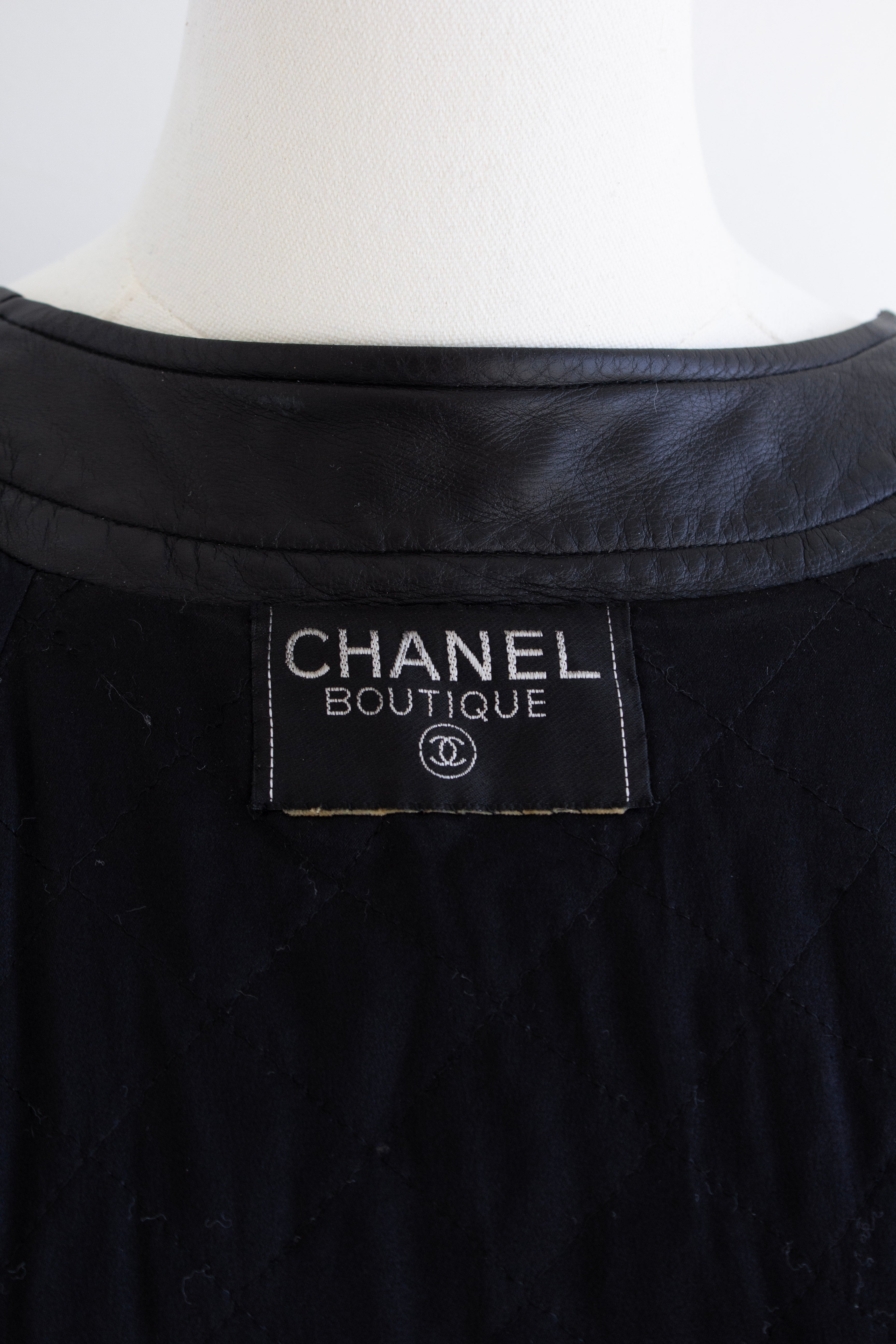 Chanel Vintage F/W 1991 Black Leather 24K Gold Quilted Bomber Jacket