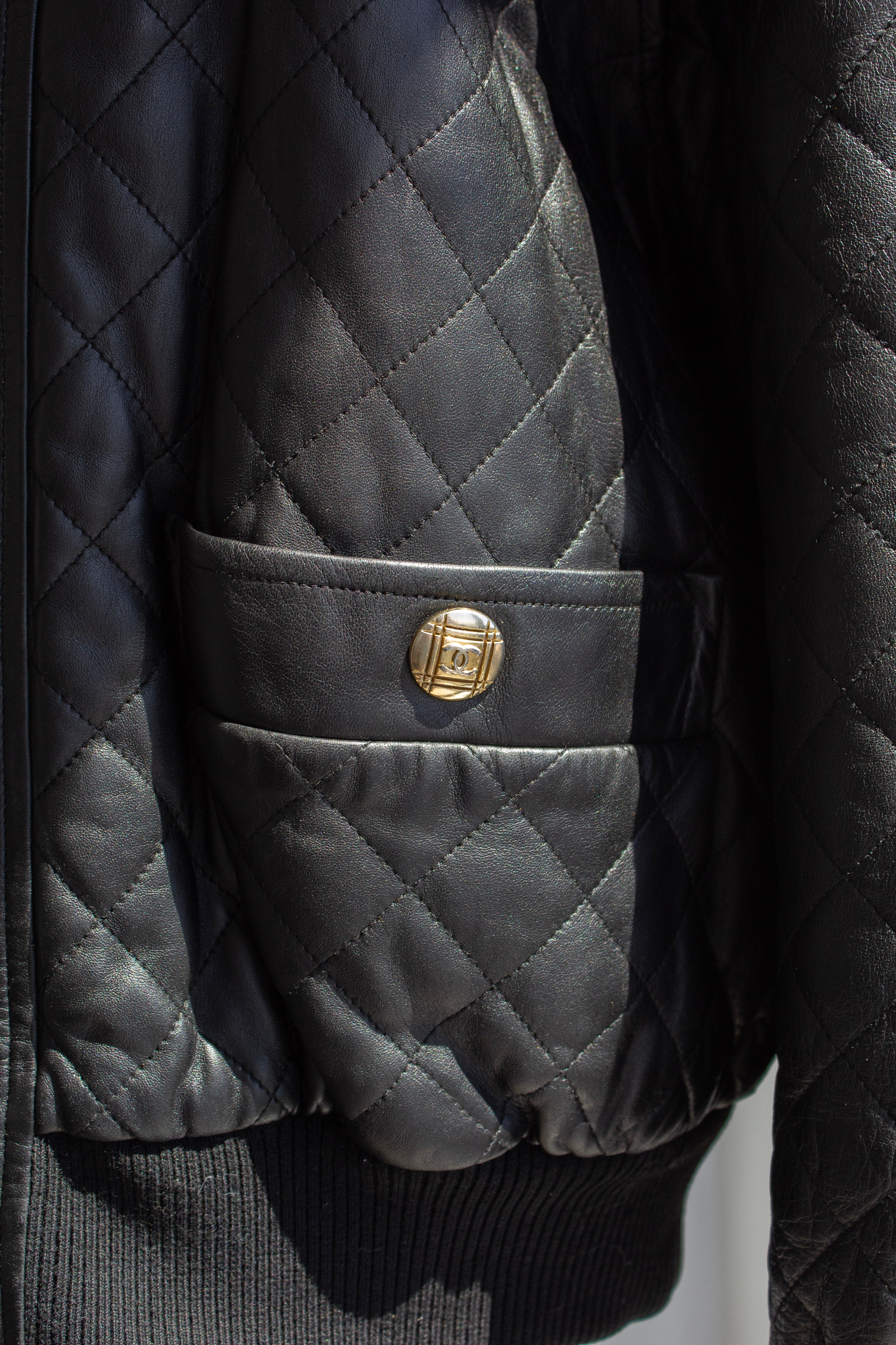 Chanel Vintage F/W 1991 Black Leather 24K Gold Quilted Bomber Jacket
