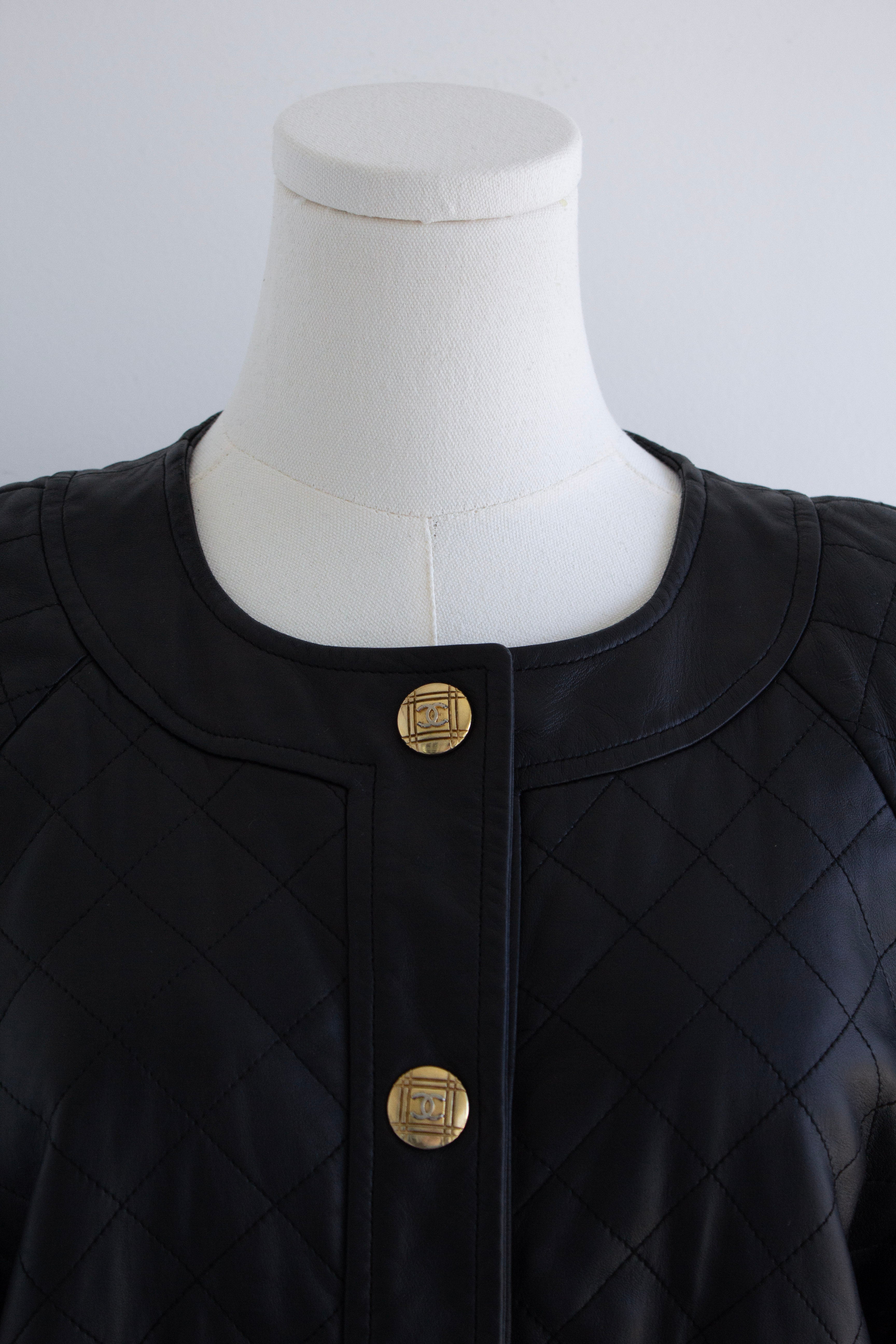 Chanel Vintage F/W 1991 Black Leather 24K Gold Quilted Bomber Jacket