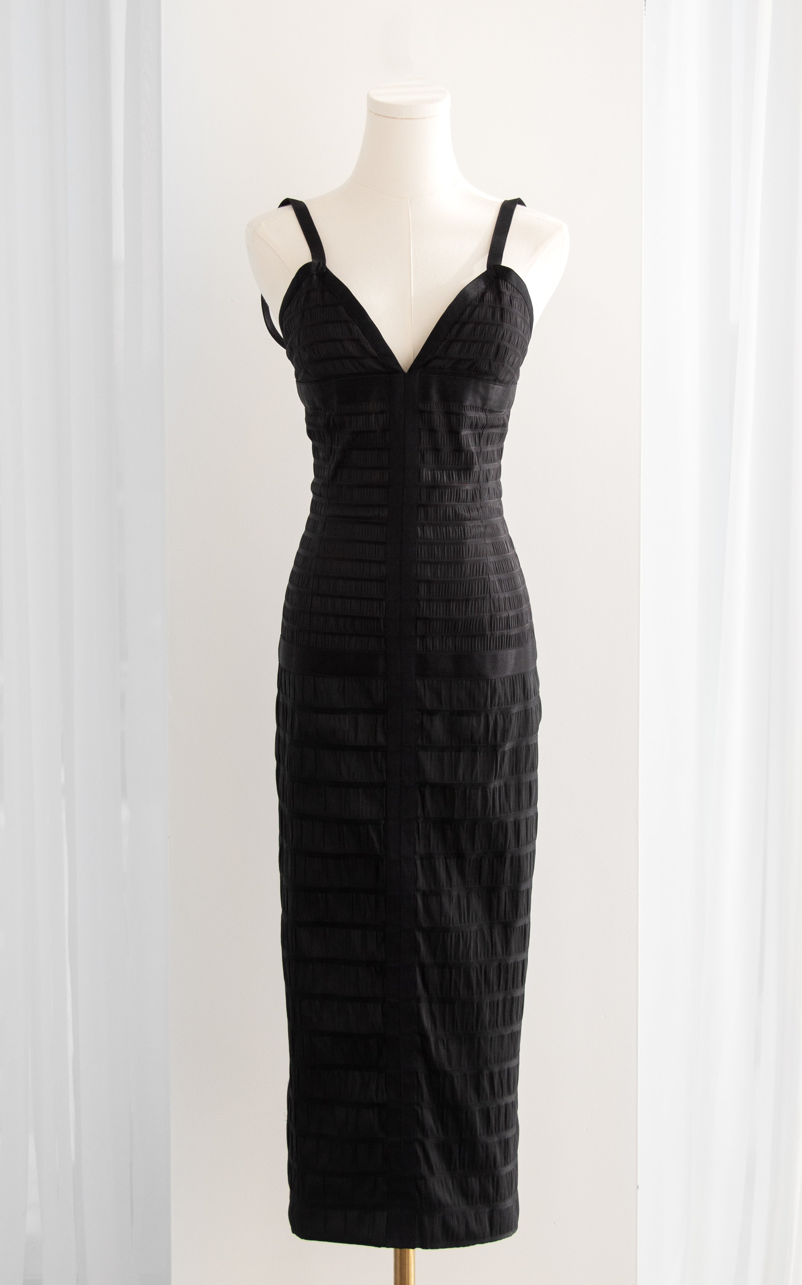 Chanel Vintage Fall/Winter 1992 Black Lesage Ribbon Silk Bodycon Midi Dress