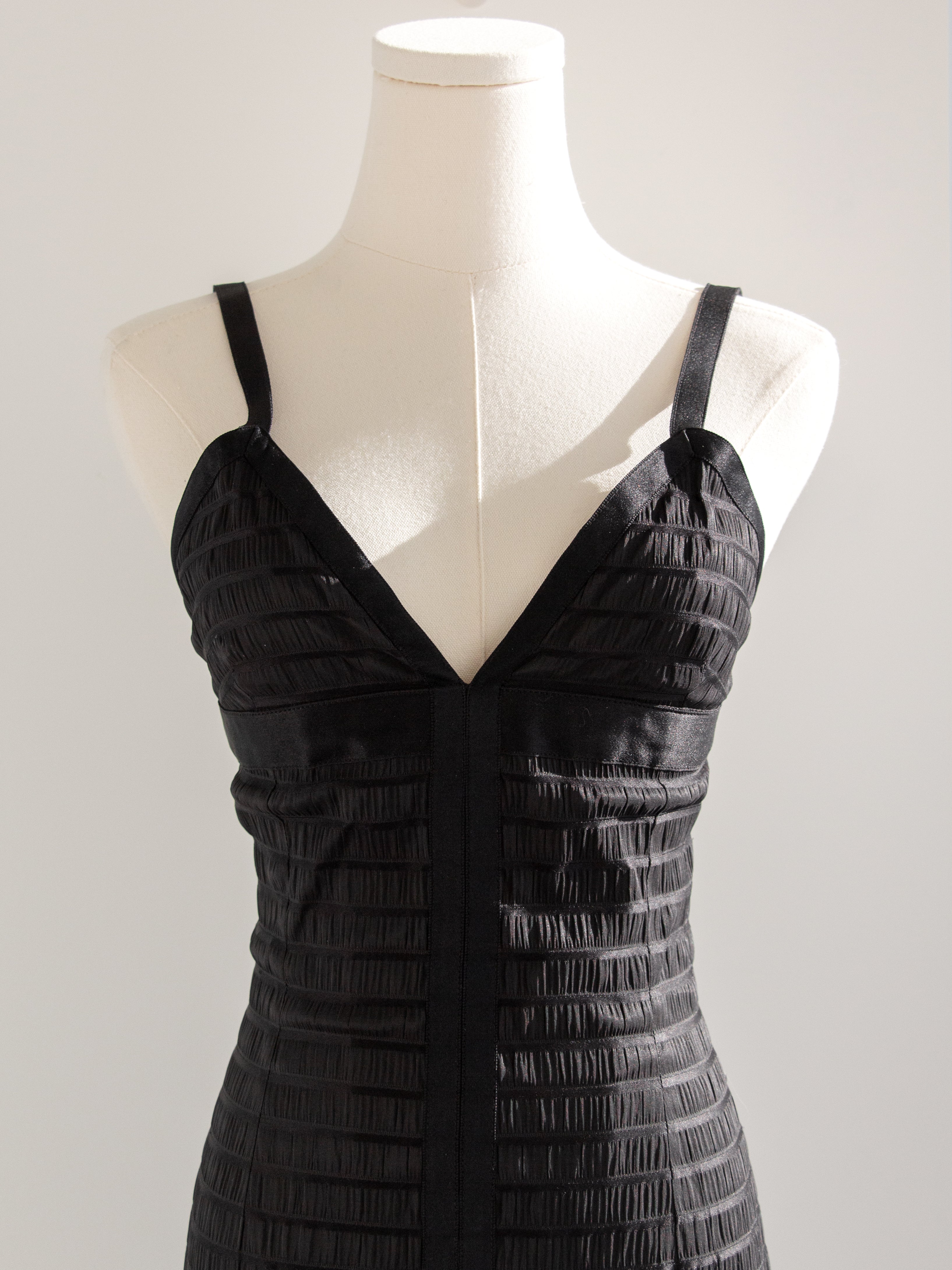 Chanel Vintage Fall/Winter 1992 Black Lesage Ribbon Silk Bodycon Midi Dress