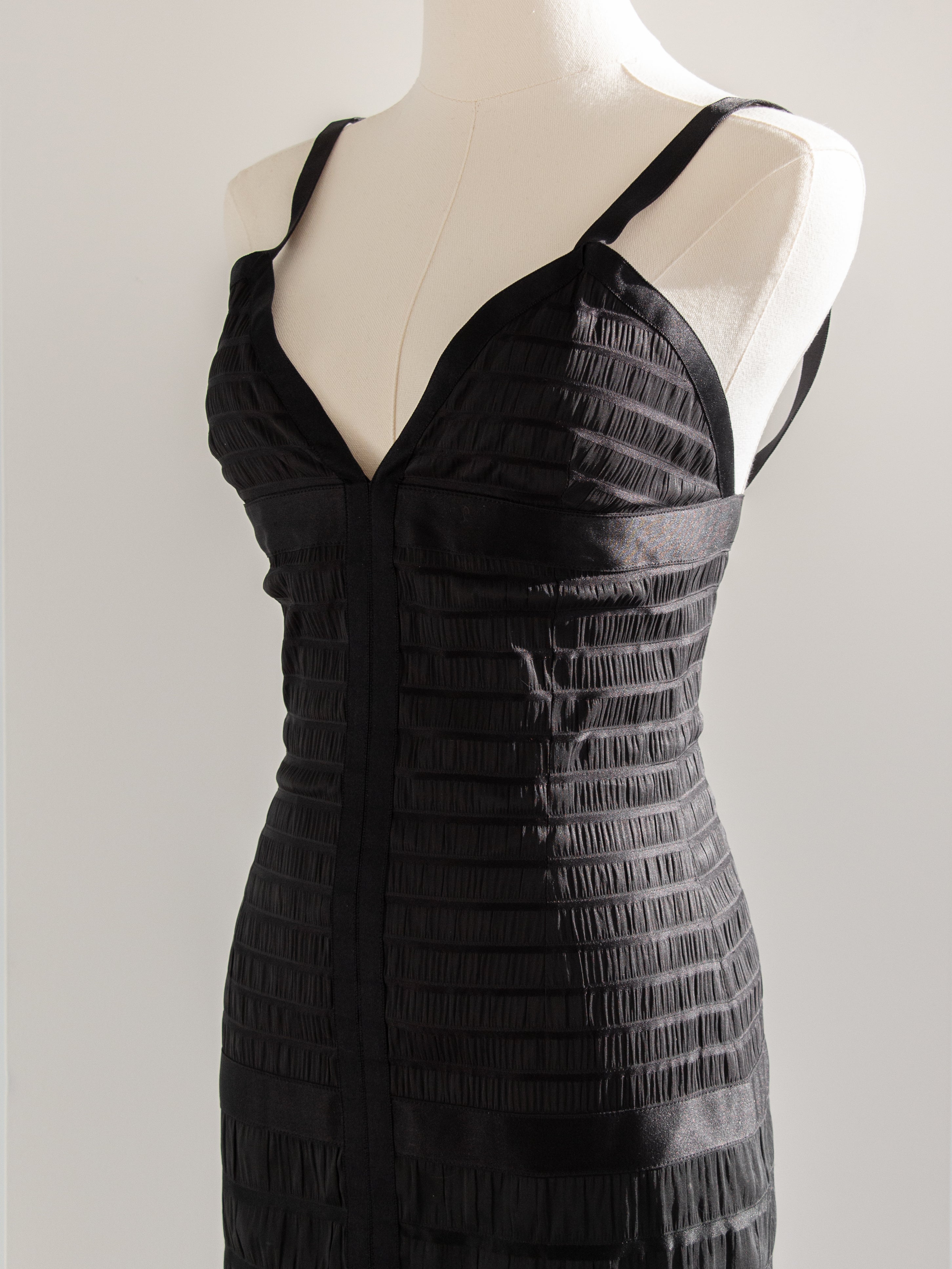 Chanel Vintage Fall/Winter 1992 Black Lesage Ribbon Silk Bodycon Midi Dress