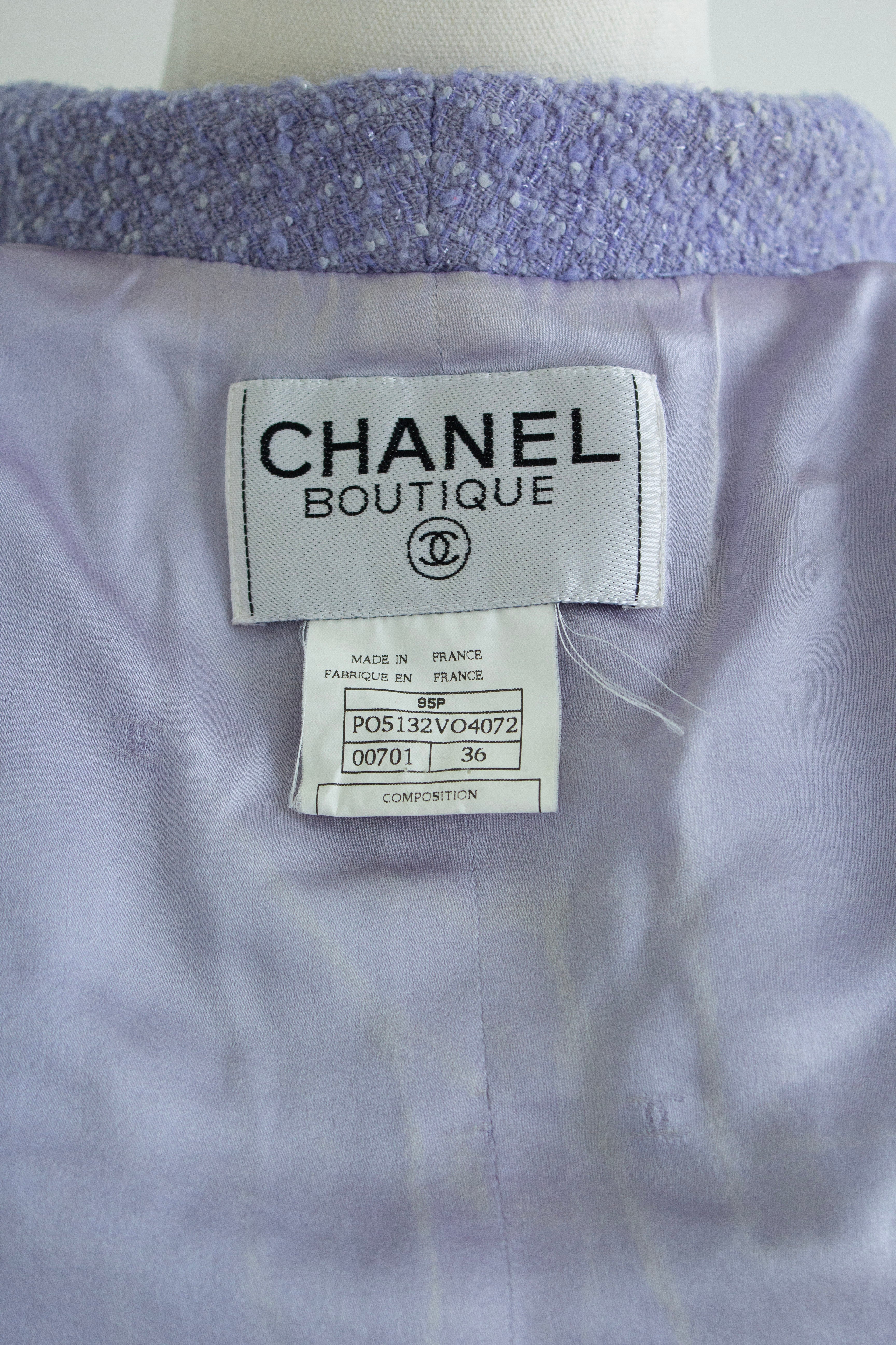 Chanel Vintage S/S 1995 Barbie CC Periwinkle Lavender Tweed 95P Jacket Skirt Suit