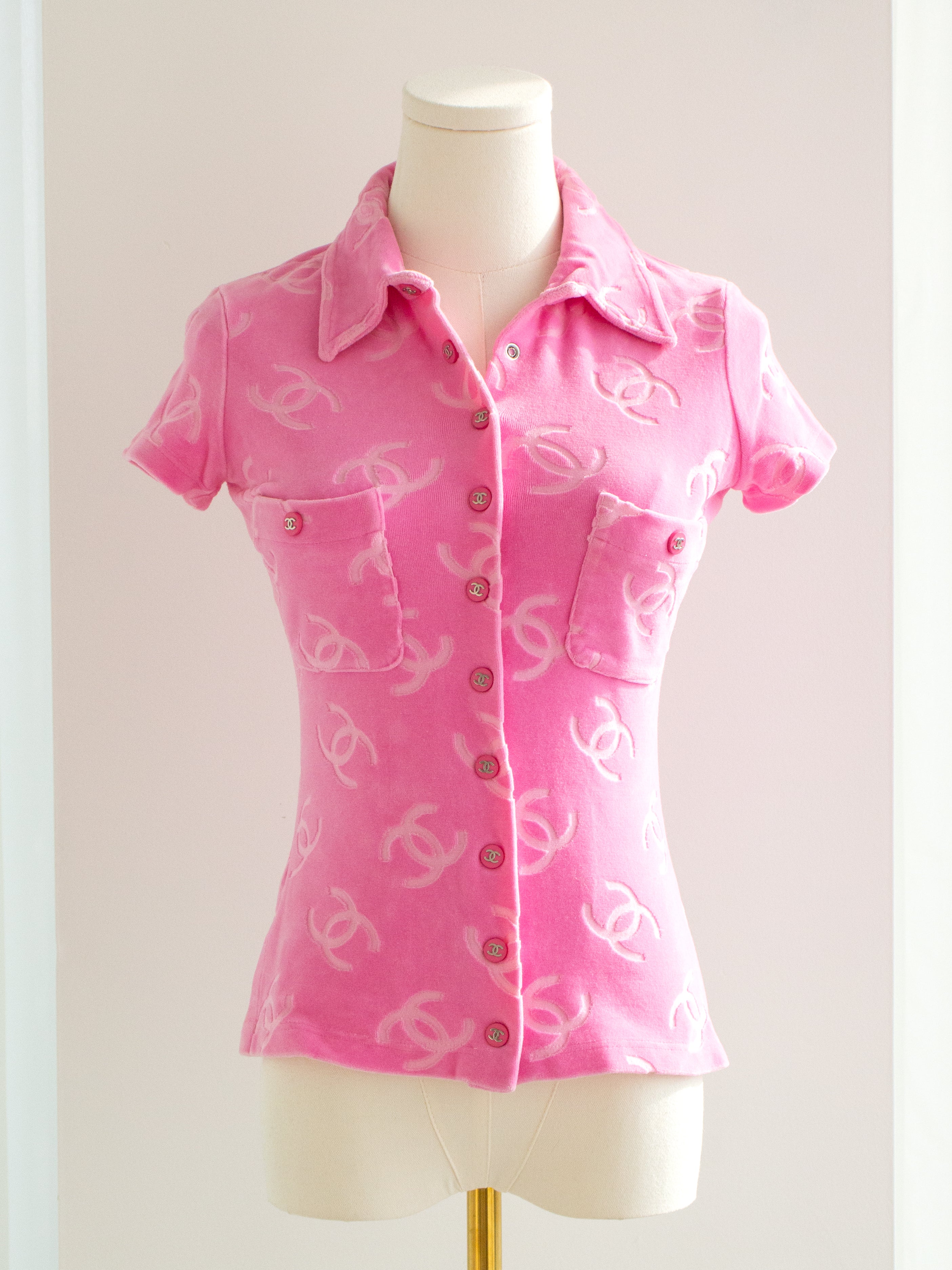 Chanel Vintage S/S 1996 Pink Velour CC Logo Button 96P Top