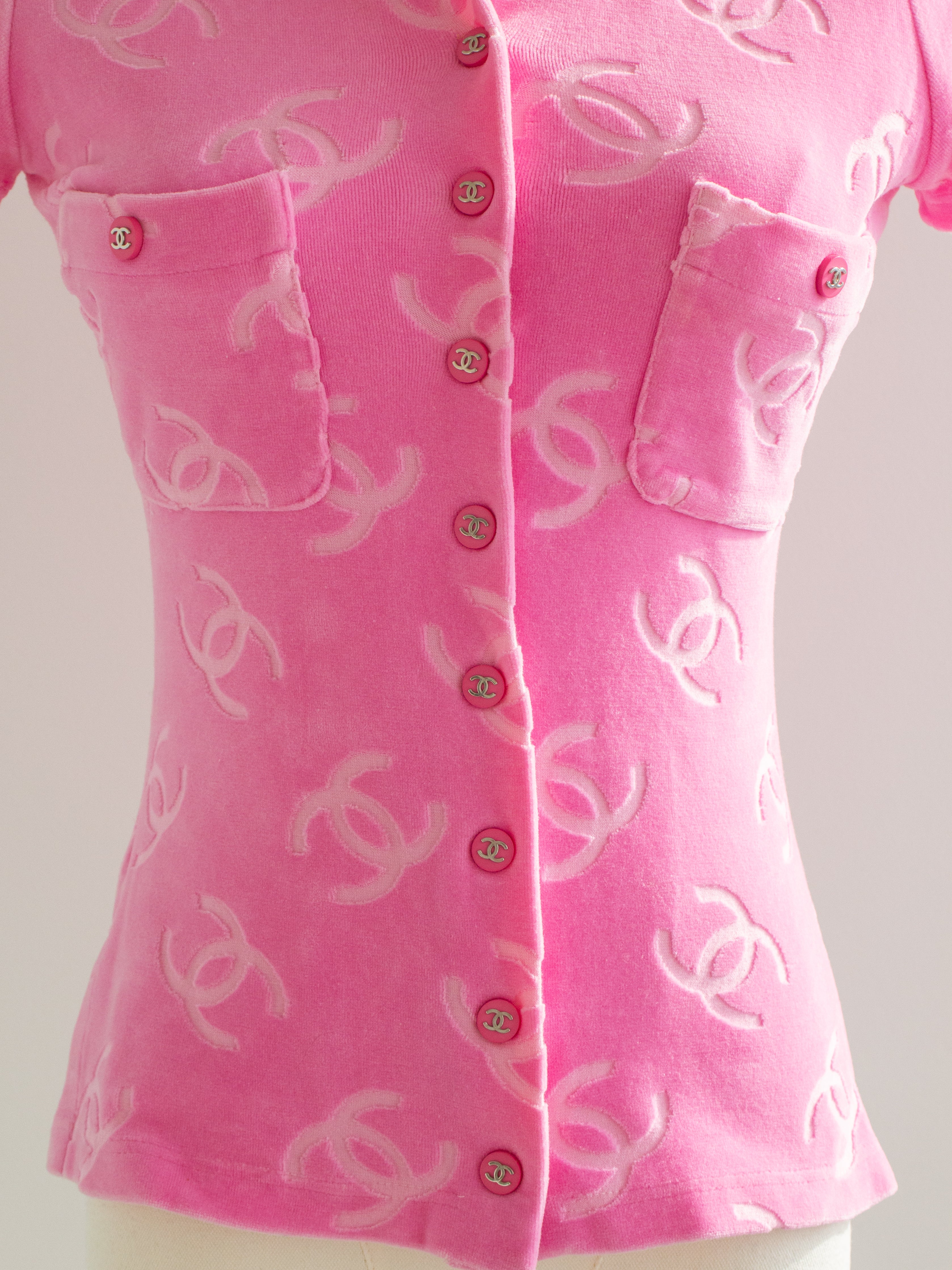 Chanel Vintage S/S 1996 Pink Velour CC Logo Button 96P Top