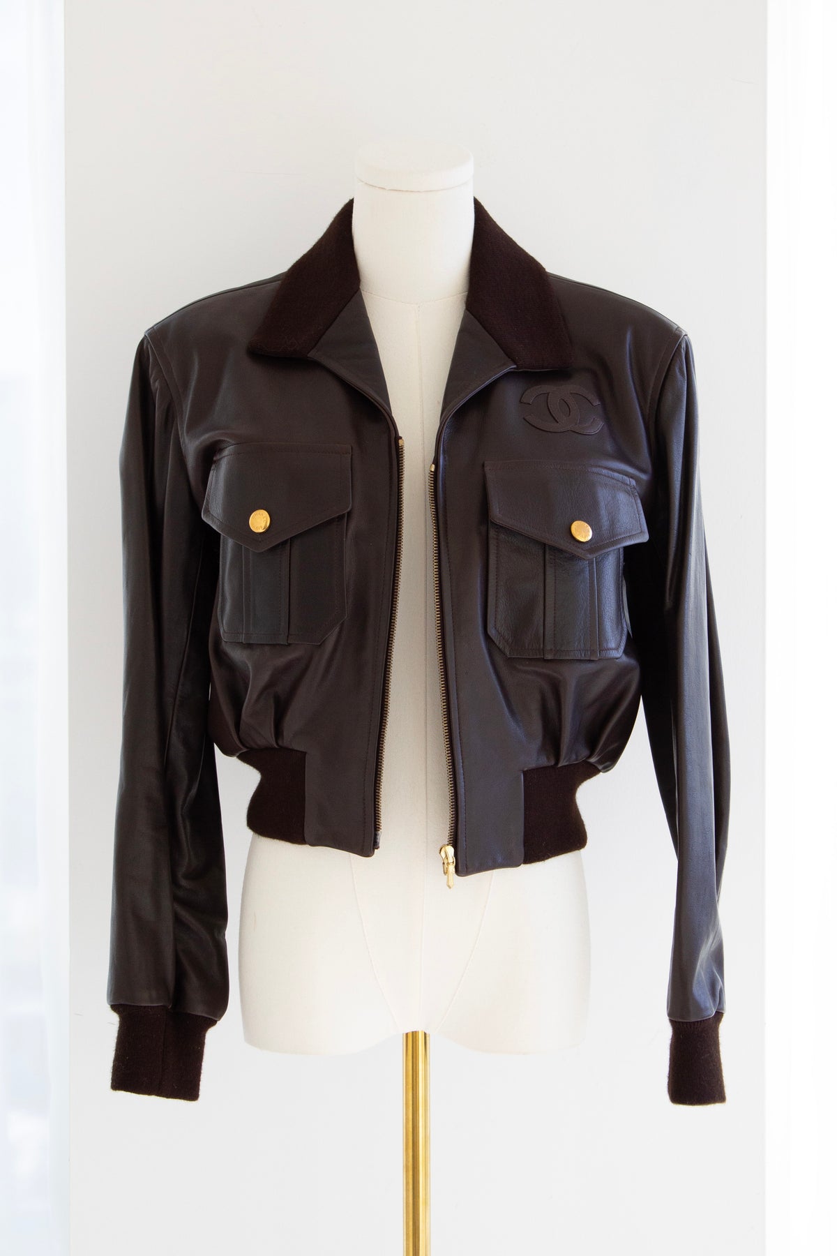 Chanel Spring/Summer 1992 Brown Lambskin Leather Bomber Jacket